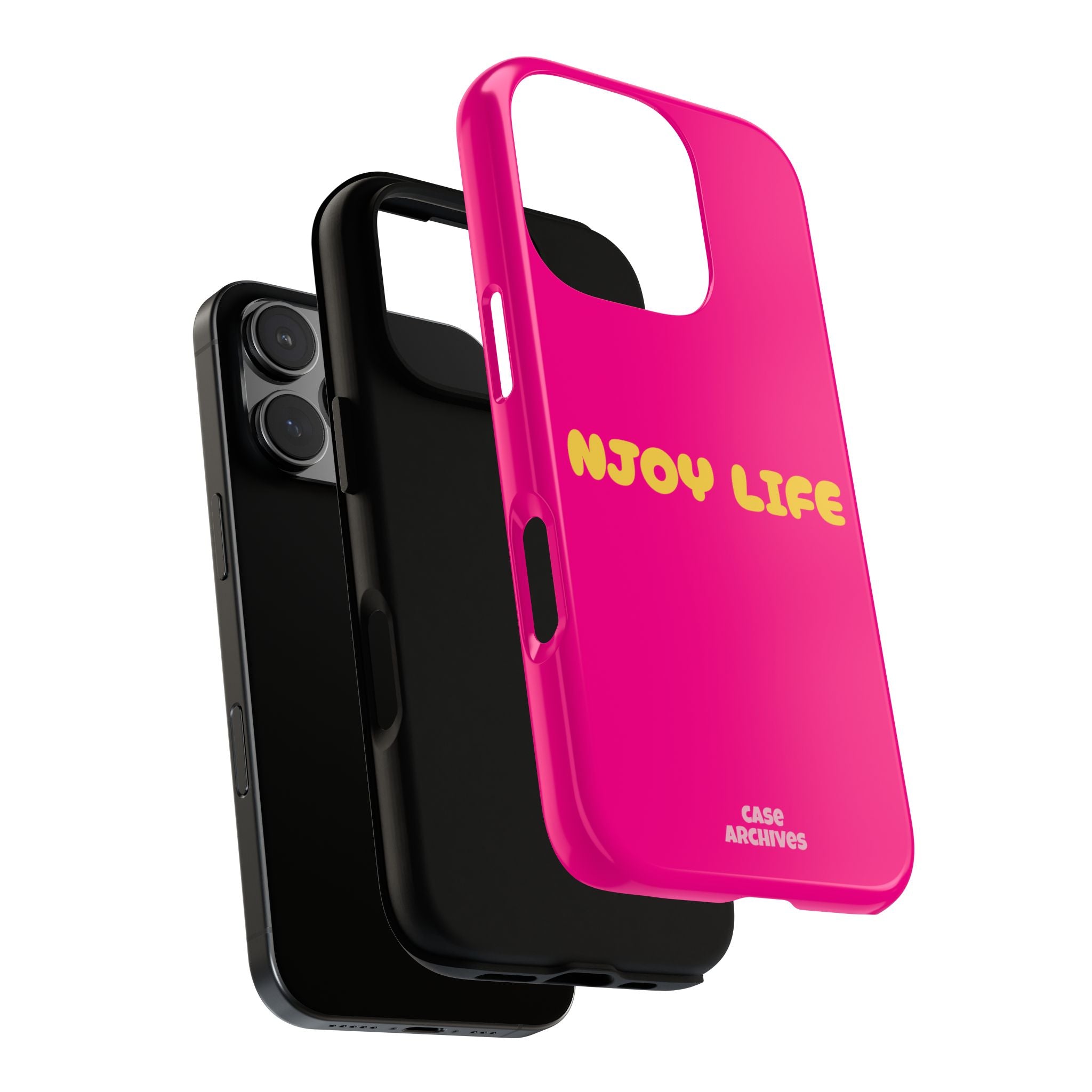 Enjoy Life phone case | tough iPhone case, bright pink, retro yellow text