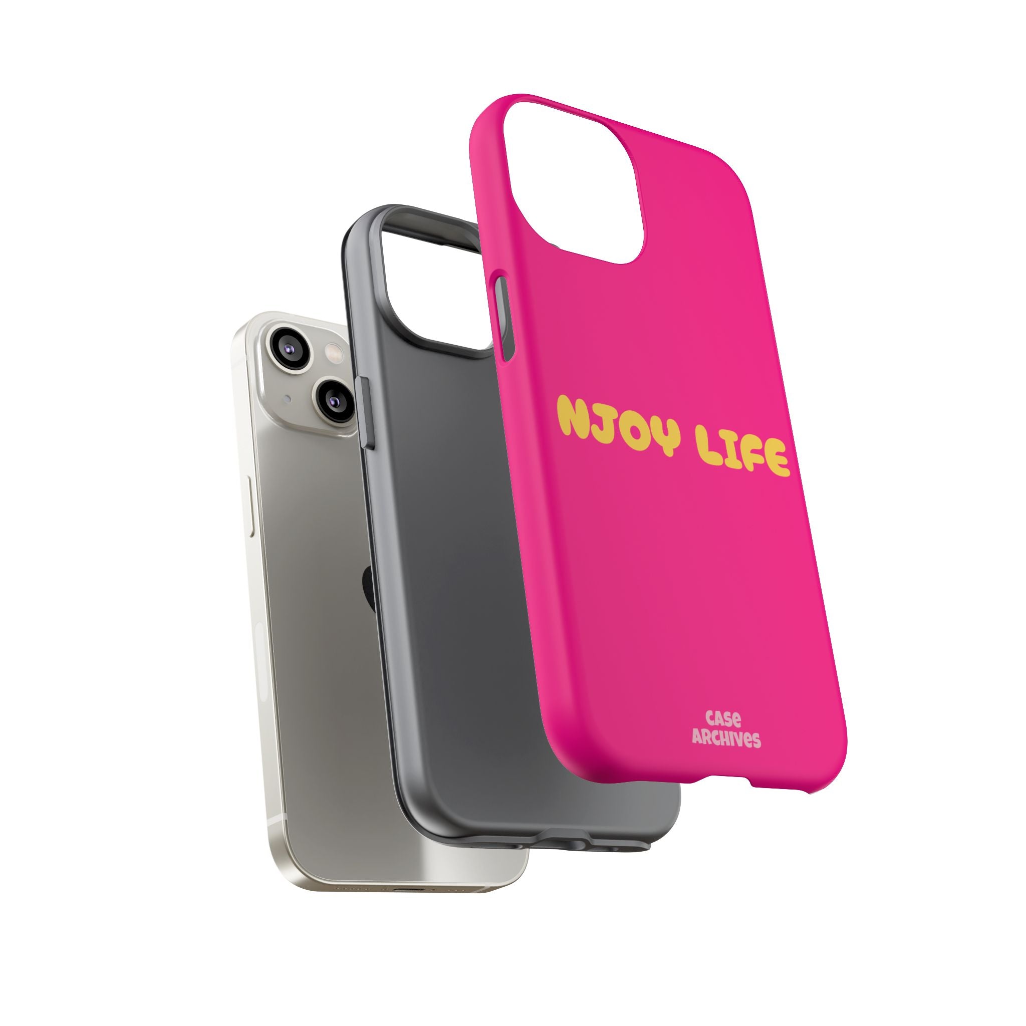 Enjoy Life phone case | tough iPhone case, bright pink, retro yellow text
