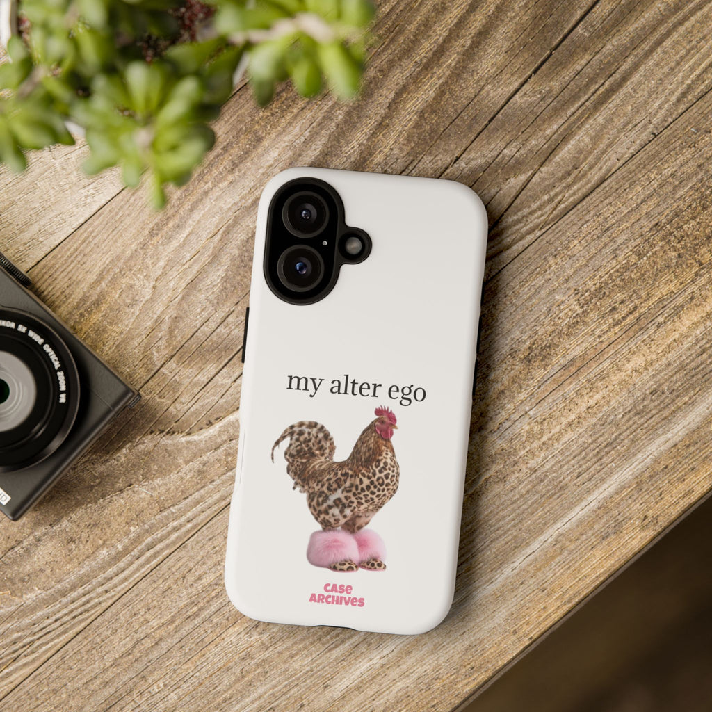 Chicken with style  'My Alter Ego' Tough Phone Case — Funny Leopard Print Rooster on Pink Slippers
