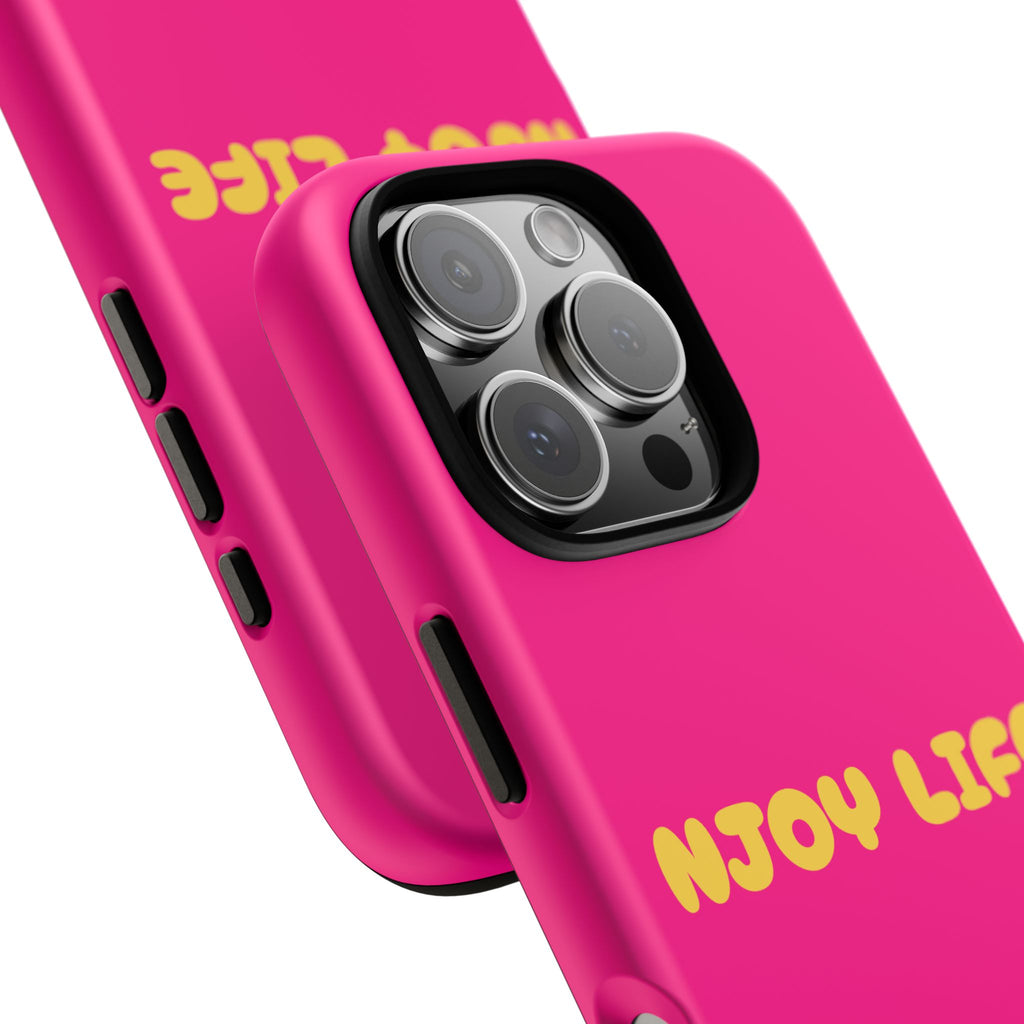 Enjoy Life phone case | tough iPhone case, bright pink, retro yellow text