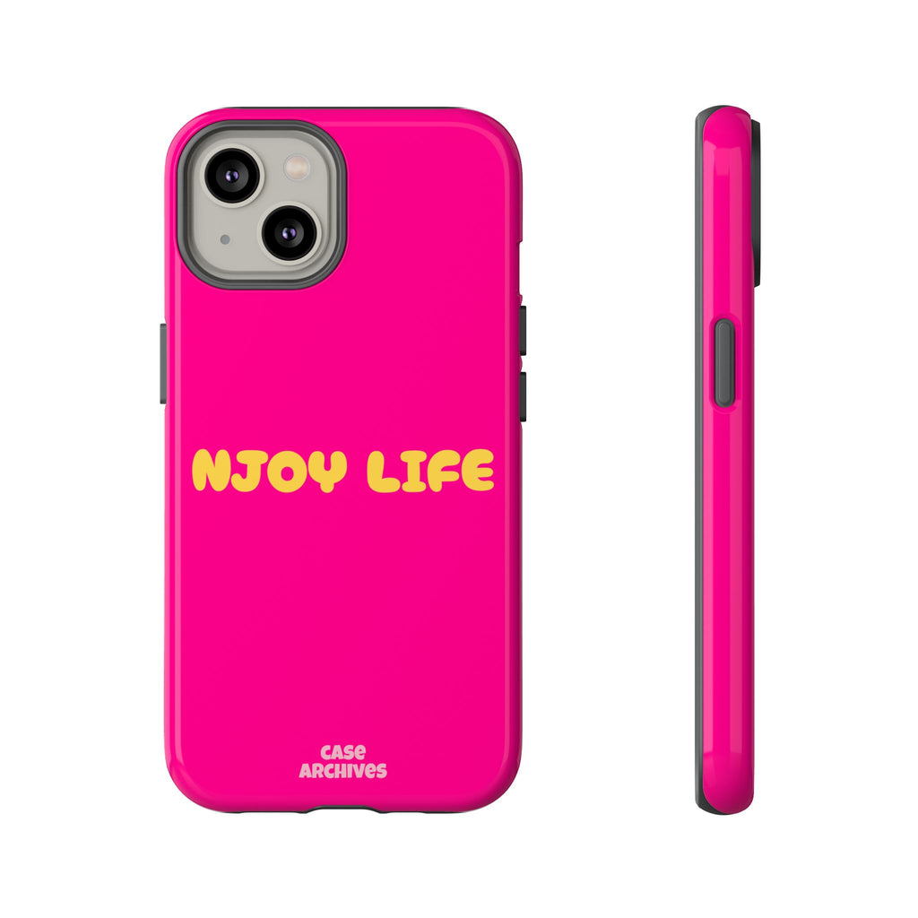 Enjoy Life phone case | tough iPhone case, bright pink, retro yellow text