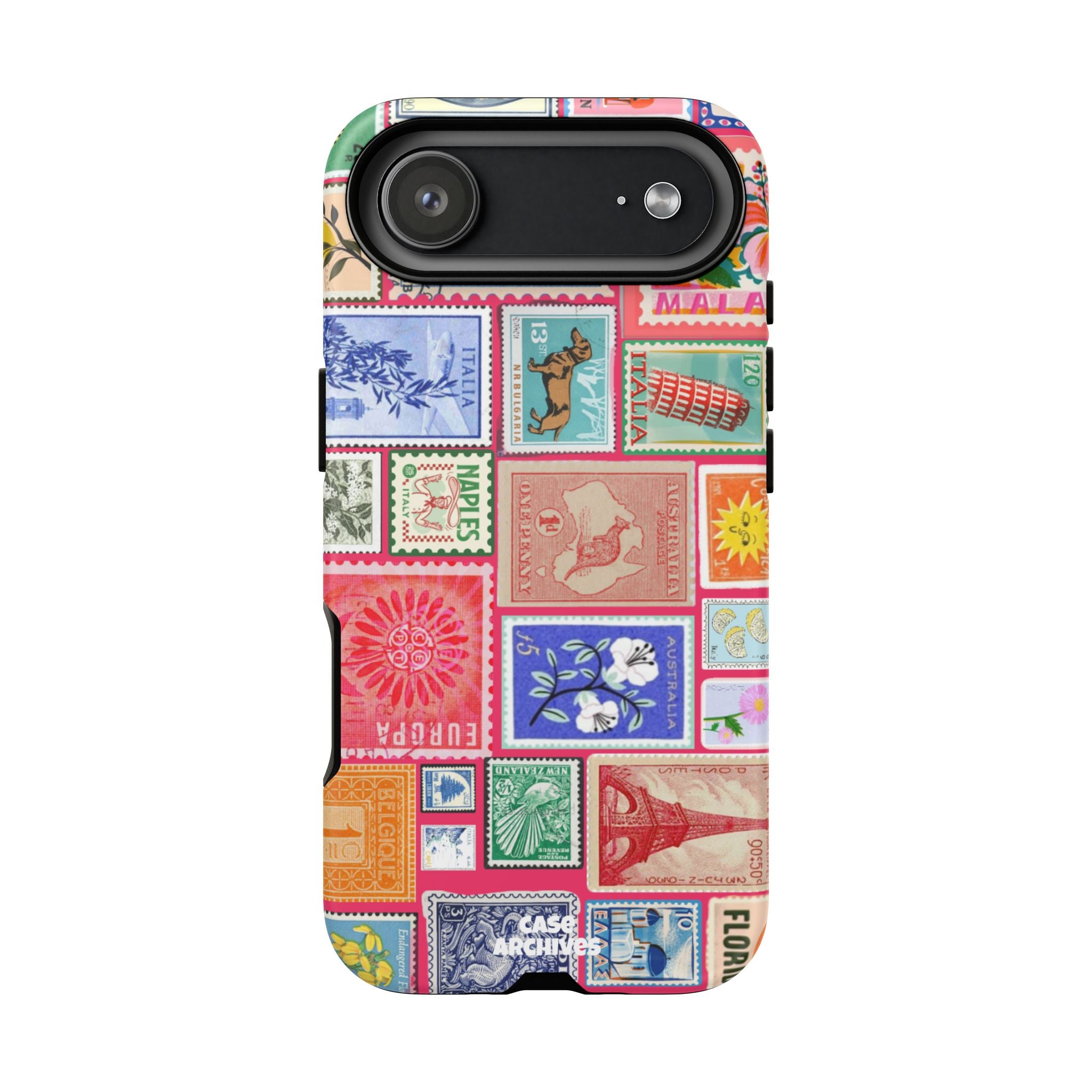 Vintage Stamp Collage Phone Case — Colorful Retro Postage Design