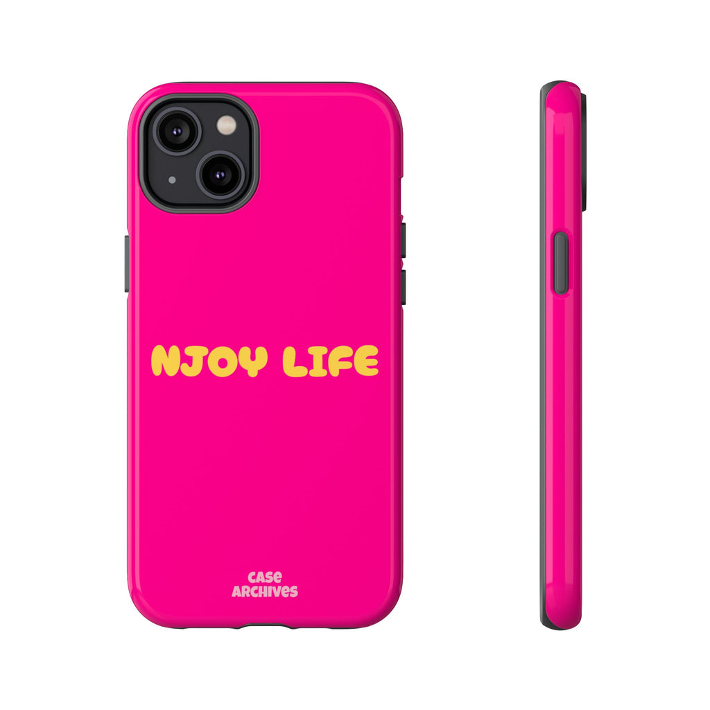 Enjoy Life phone case | tough iPhone case, bright pink, retro yellow text