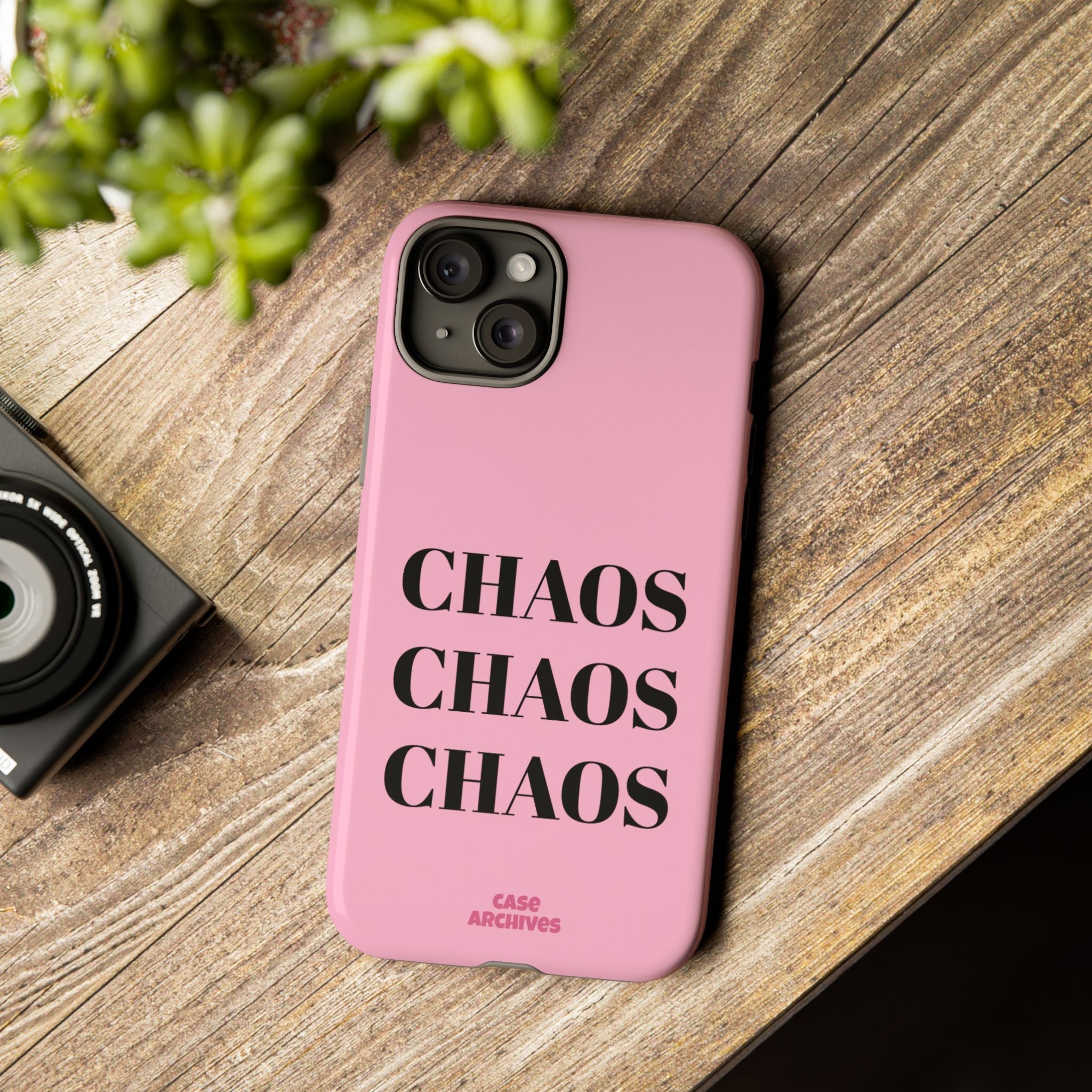 Pink "CHAOS" Phone Case — Bold Text Protective iPhone Cover