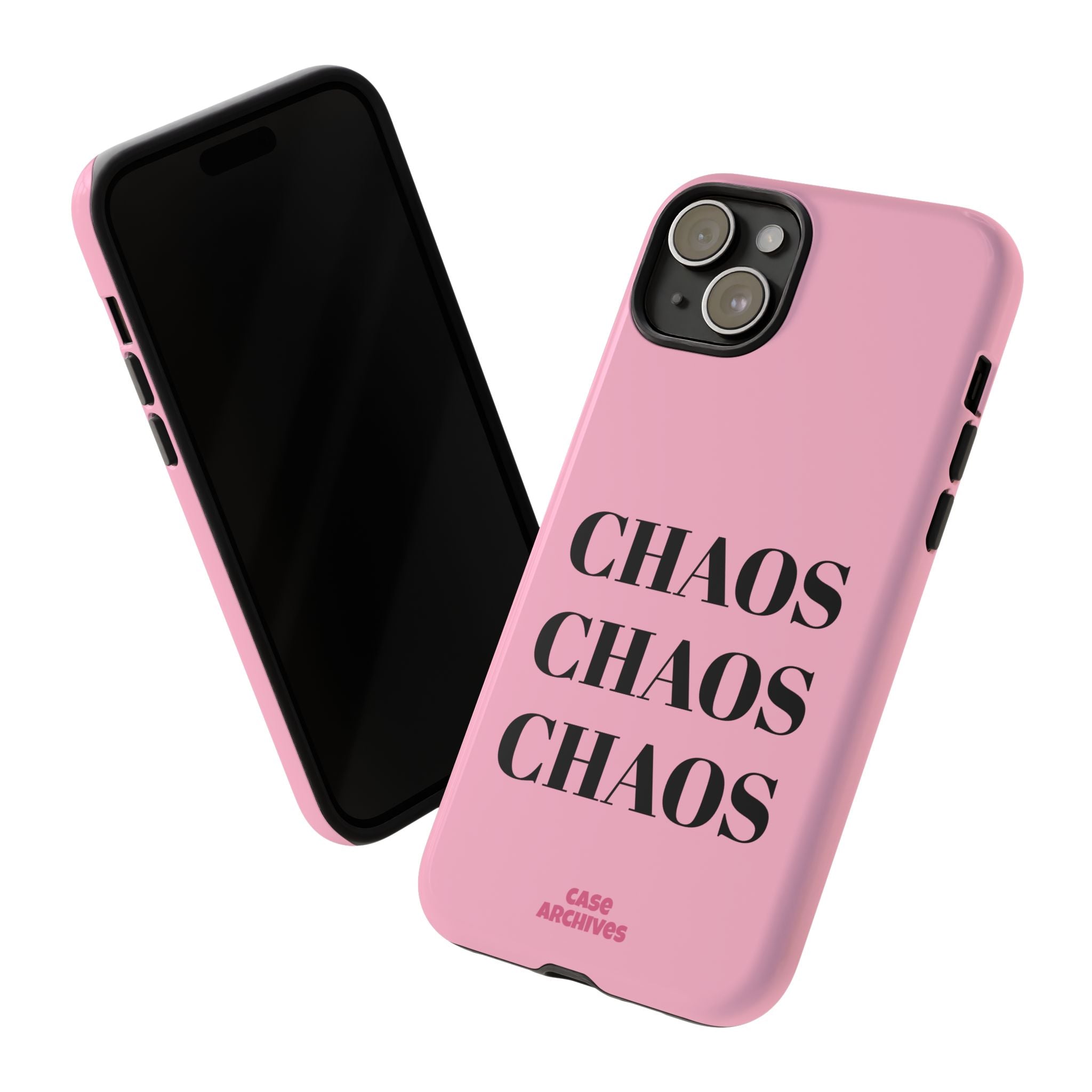 Pink "CHAOS" Phone Case — Bold Text Protective iPhone Cover