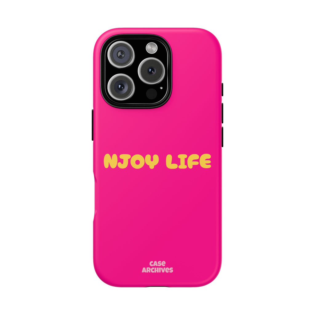 Enjoy Life phone case | tough iPhone case, bright pink, retro yellow text