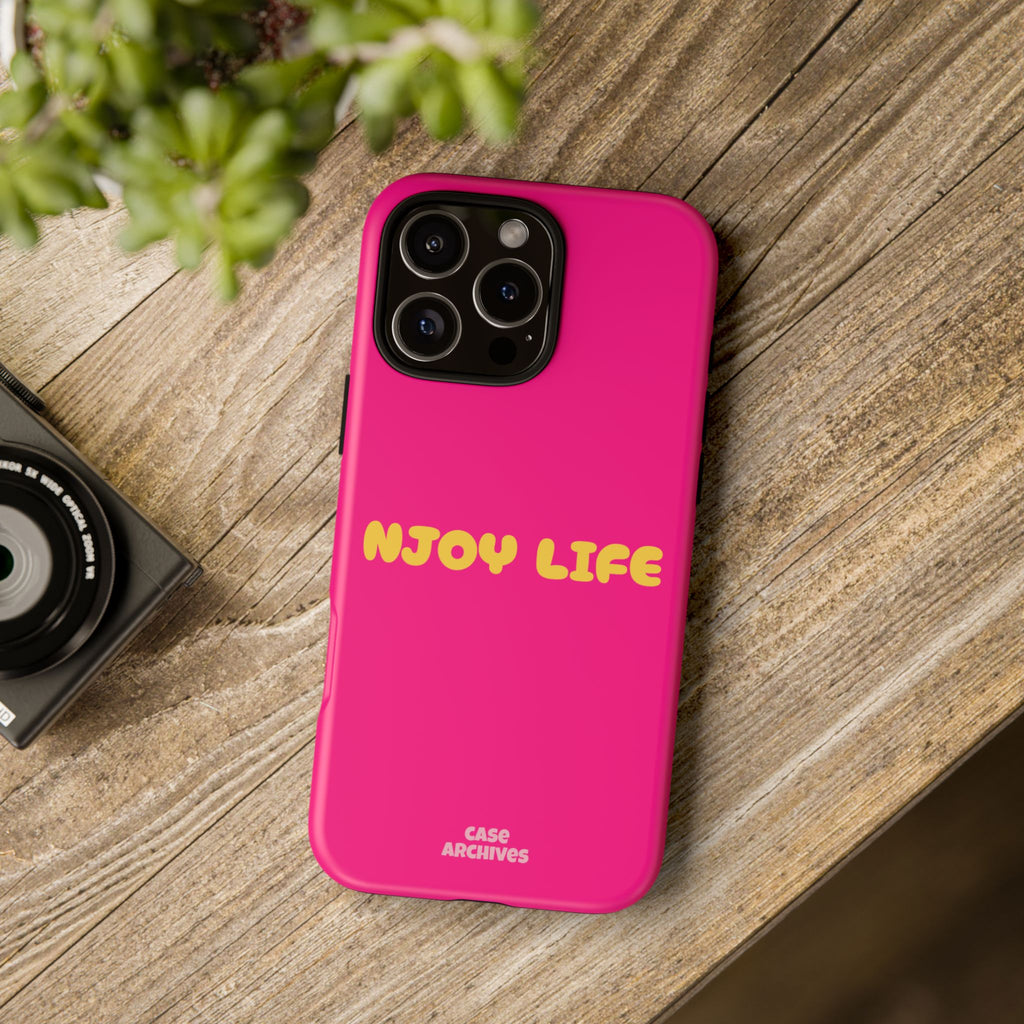 Enjoy Life phone case | tough iPhone case, bright pink, retro yellow text