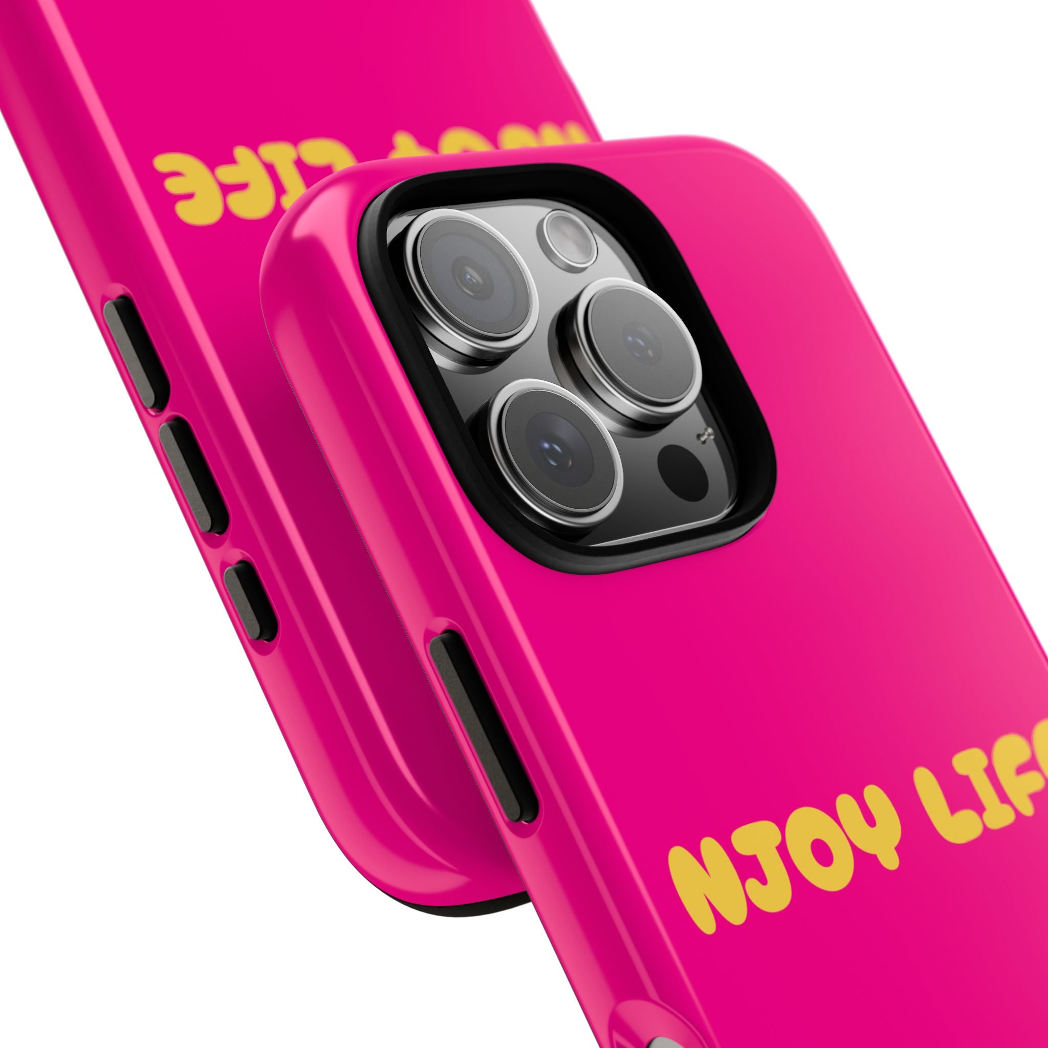 Enjoy Life phone case | tough iPhone case, bright pink, retro yellow text