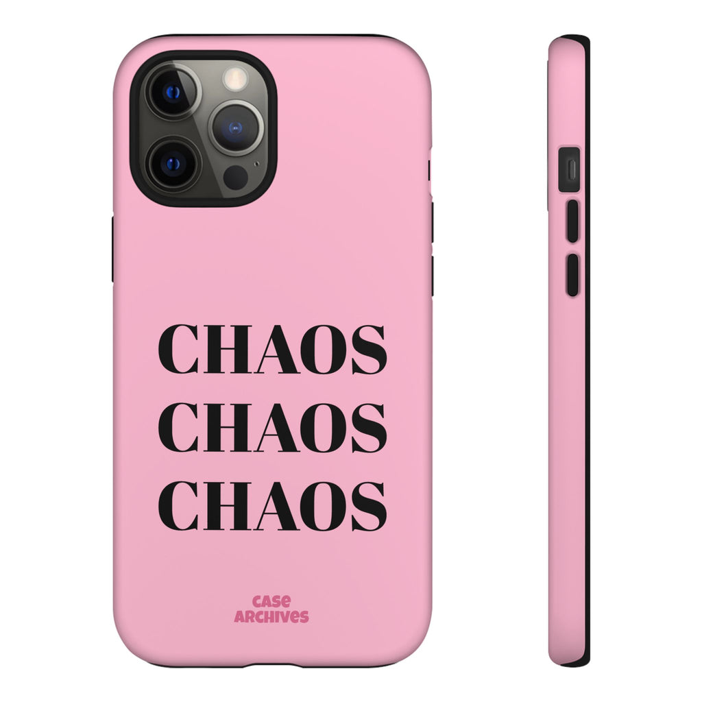 Pink "CHAOS" Phone Case — Bold Text Protective iPhone Cover