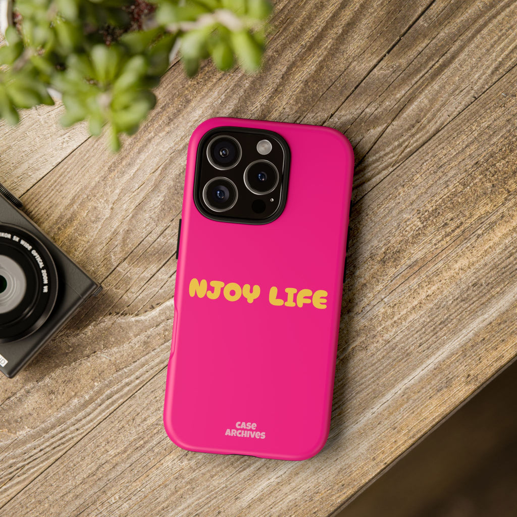 Enjoy Life phone case | tough iPhone case, bright pink, retro yellow text