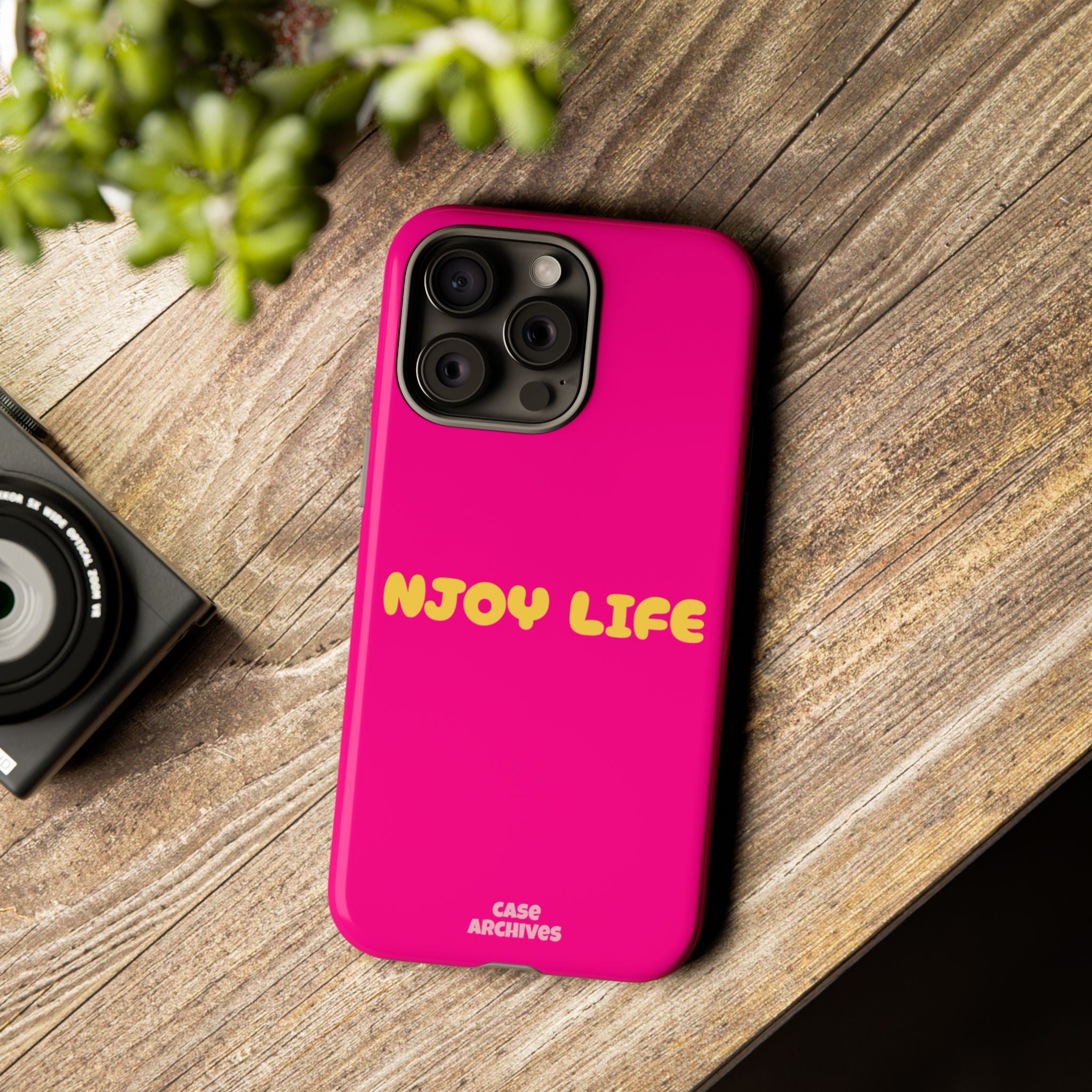 Enjoy Life phone case | tough iPhone case, bright pink, retro yellow text