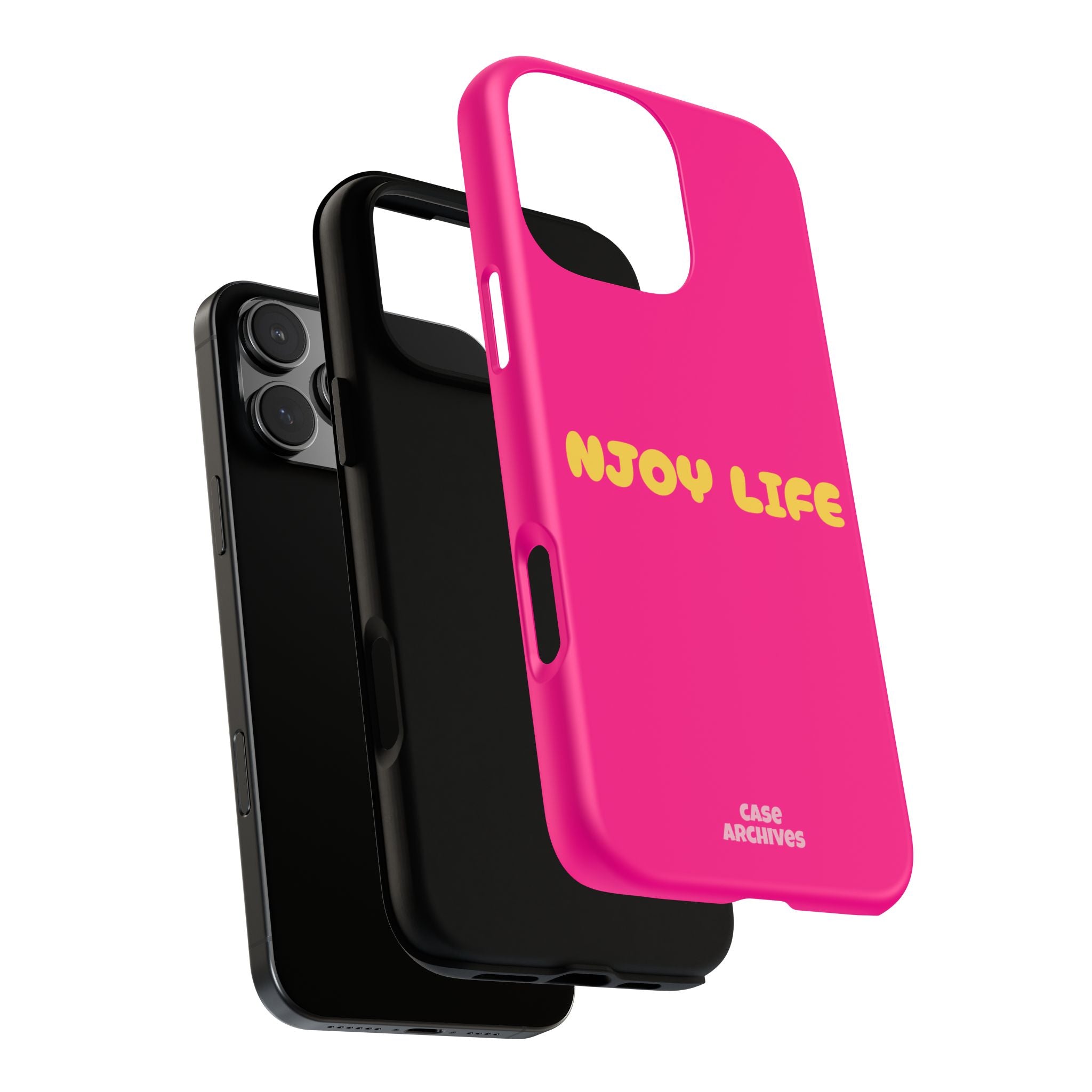Enjoy Life phone case | tough iPhone case, bright pink, retro yellow text