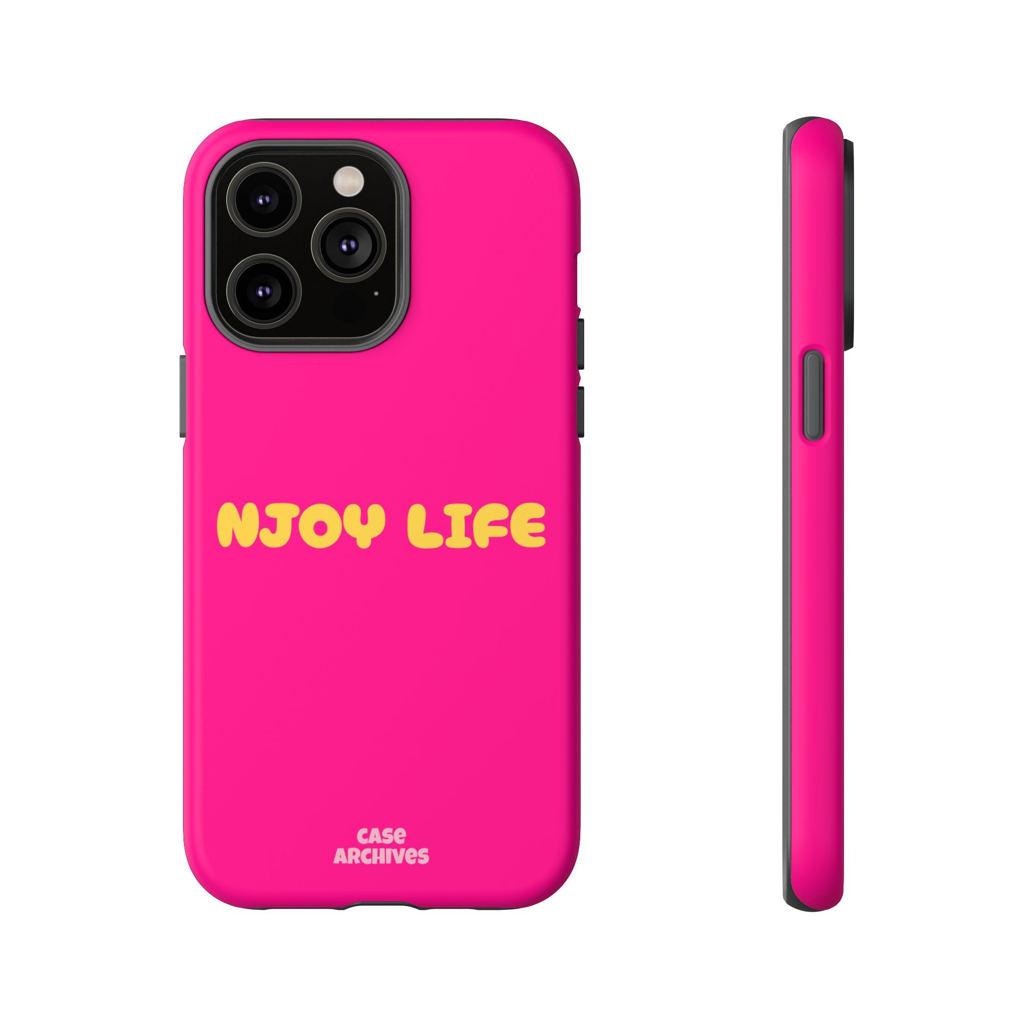 Enjoy Life phone case | tough iPhone case, bright pink, retro yellow text
