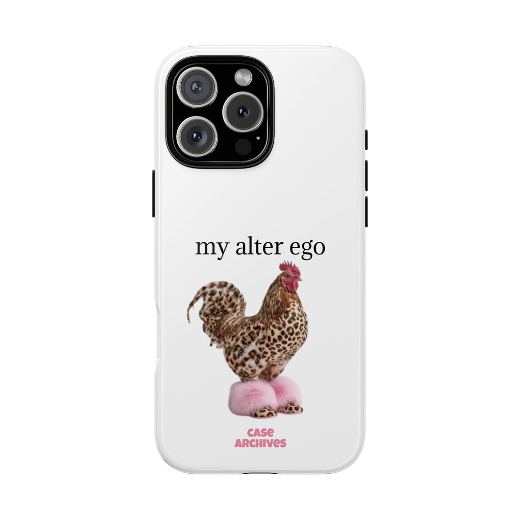 Chicken with style  'My Alter Ego' Tough Phone Case — Funny Leopard Print Rooster on Pink Slippers