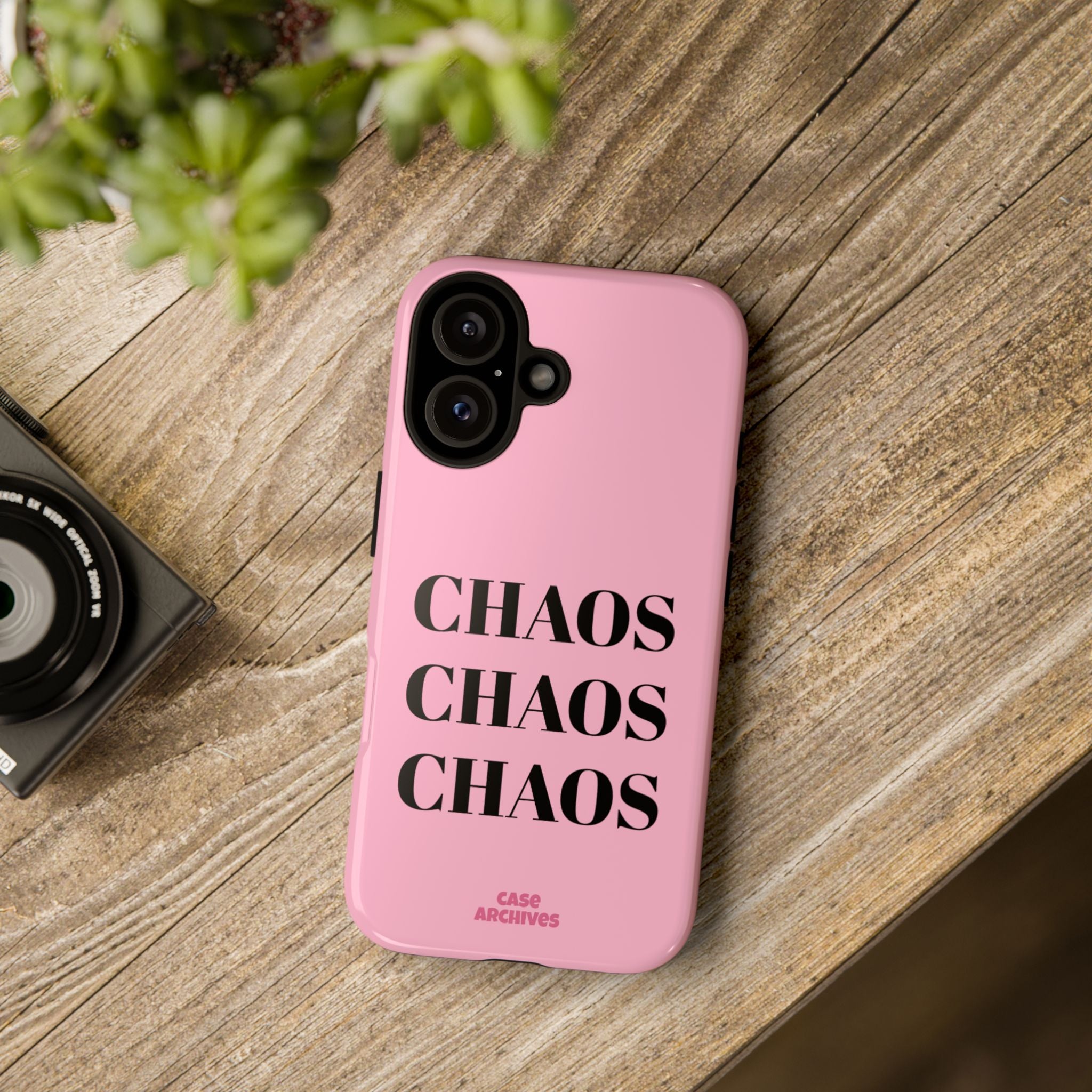 Pink "CHAOS" Phone Case — Bold Text Protective iPhone Cover