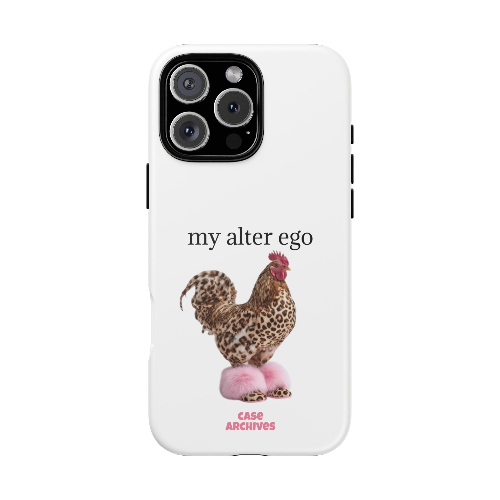 Chicken with style  'My Alter Ego' Tough Phone Case — Funny Leopard Print Rooster on Pink Slippers