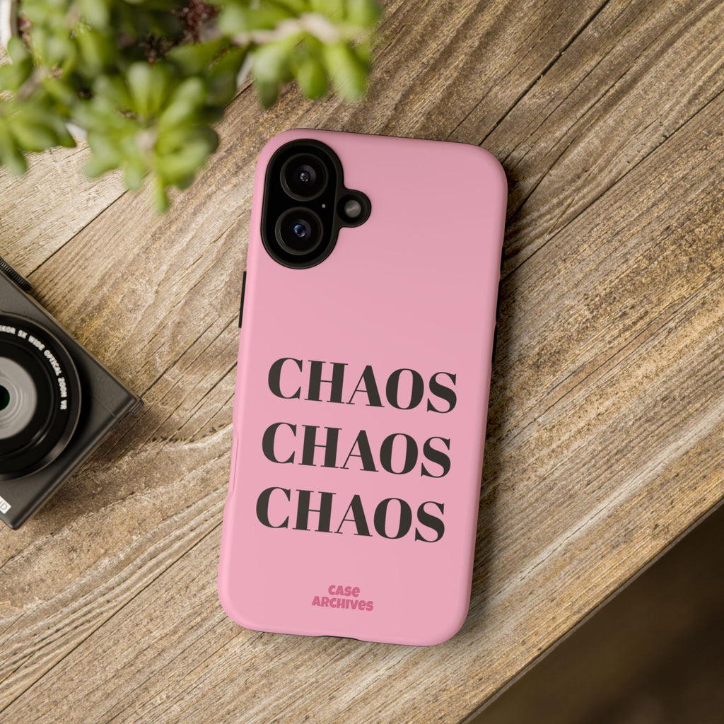Pink "CHAOS" Phone Case — Bold Text Protective iPhone Cover
