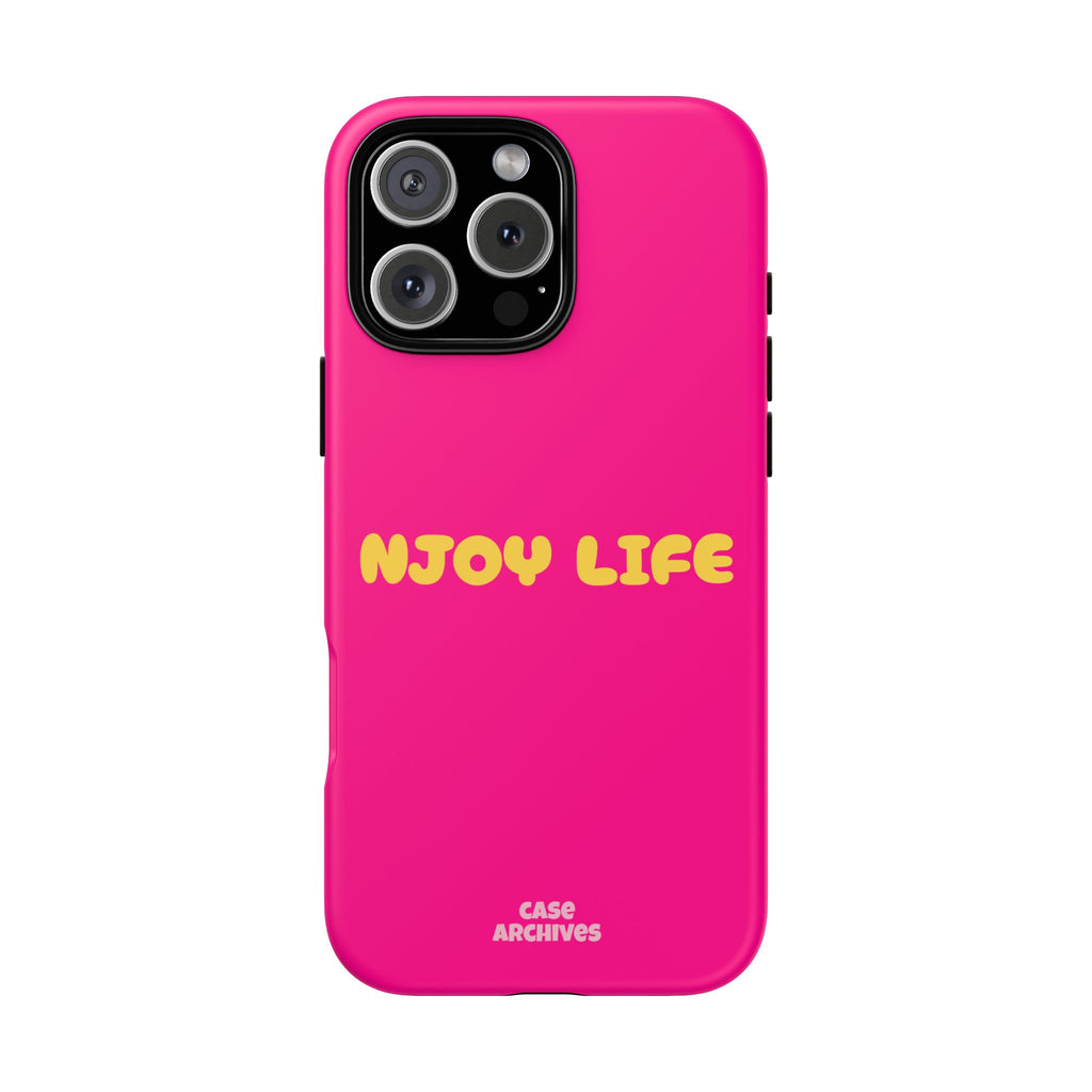 Enjoy Life phone case | tough iPhone case, bright pink, retro yellow text
