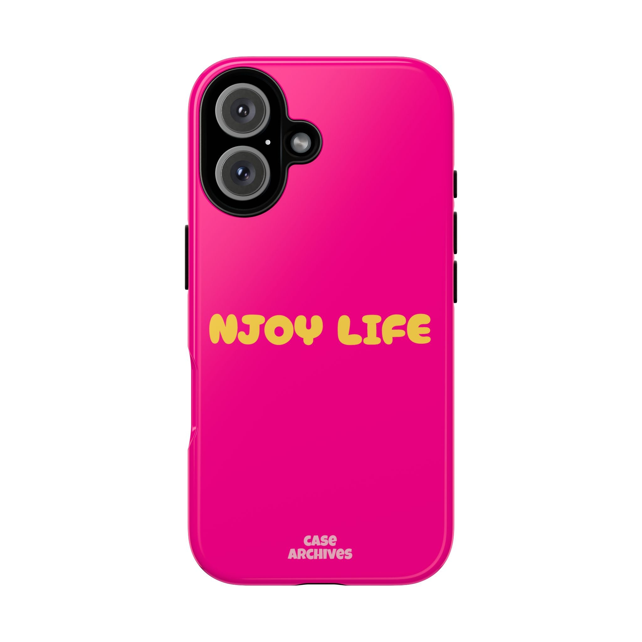 Enjoy Life phone case | tough iPhone case, bright pink, retro yellow text