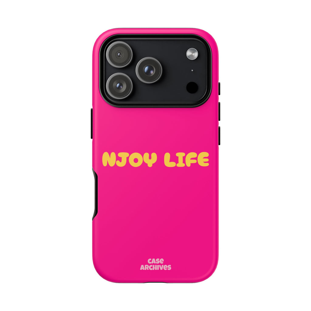 Enjoy Life phone case | tough iPhone case, bright pink, retro yellow text