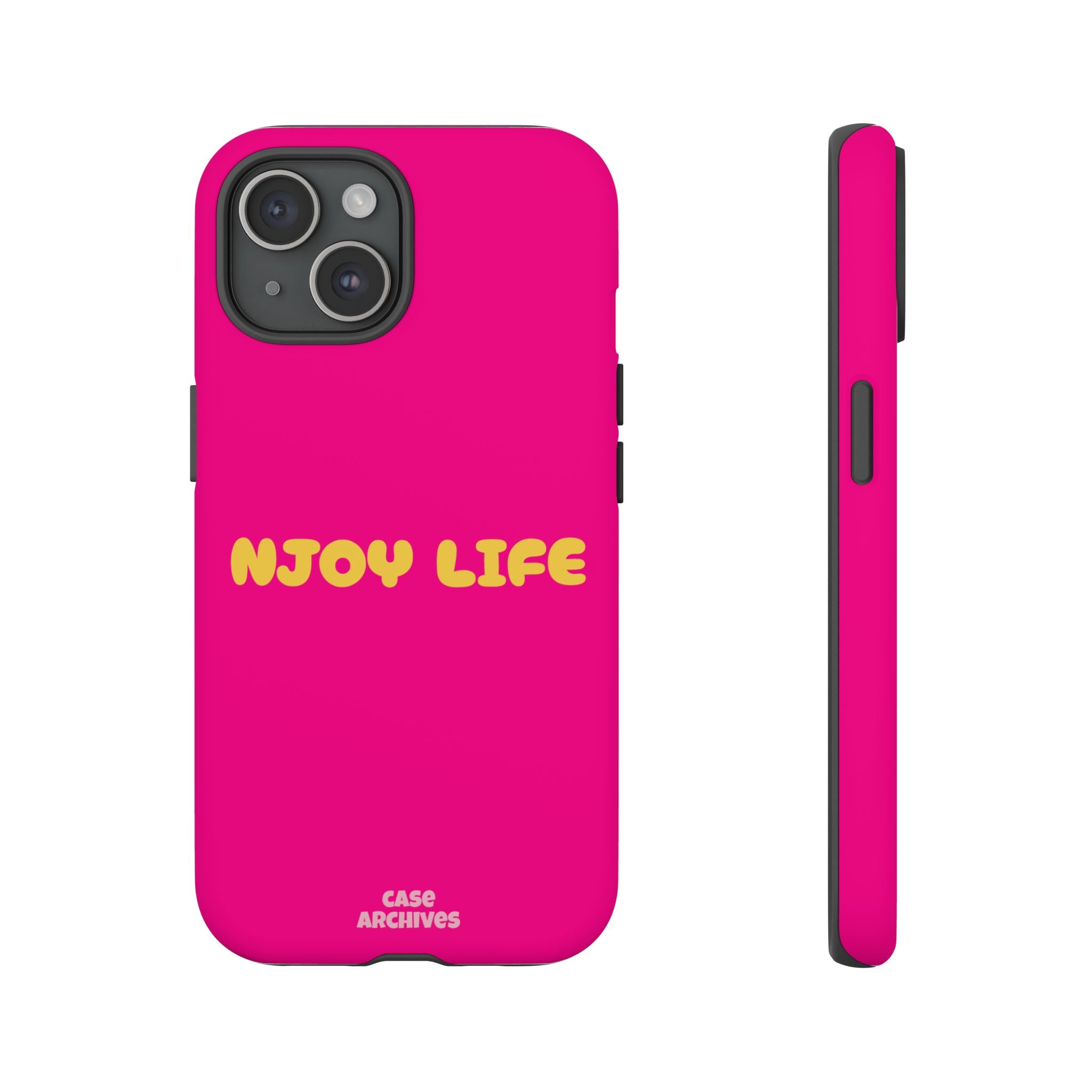 Enjoy Life phone case | tough iPhone case, bright pink, retro yellow text