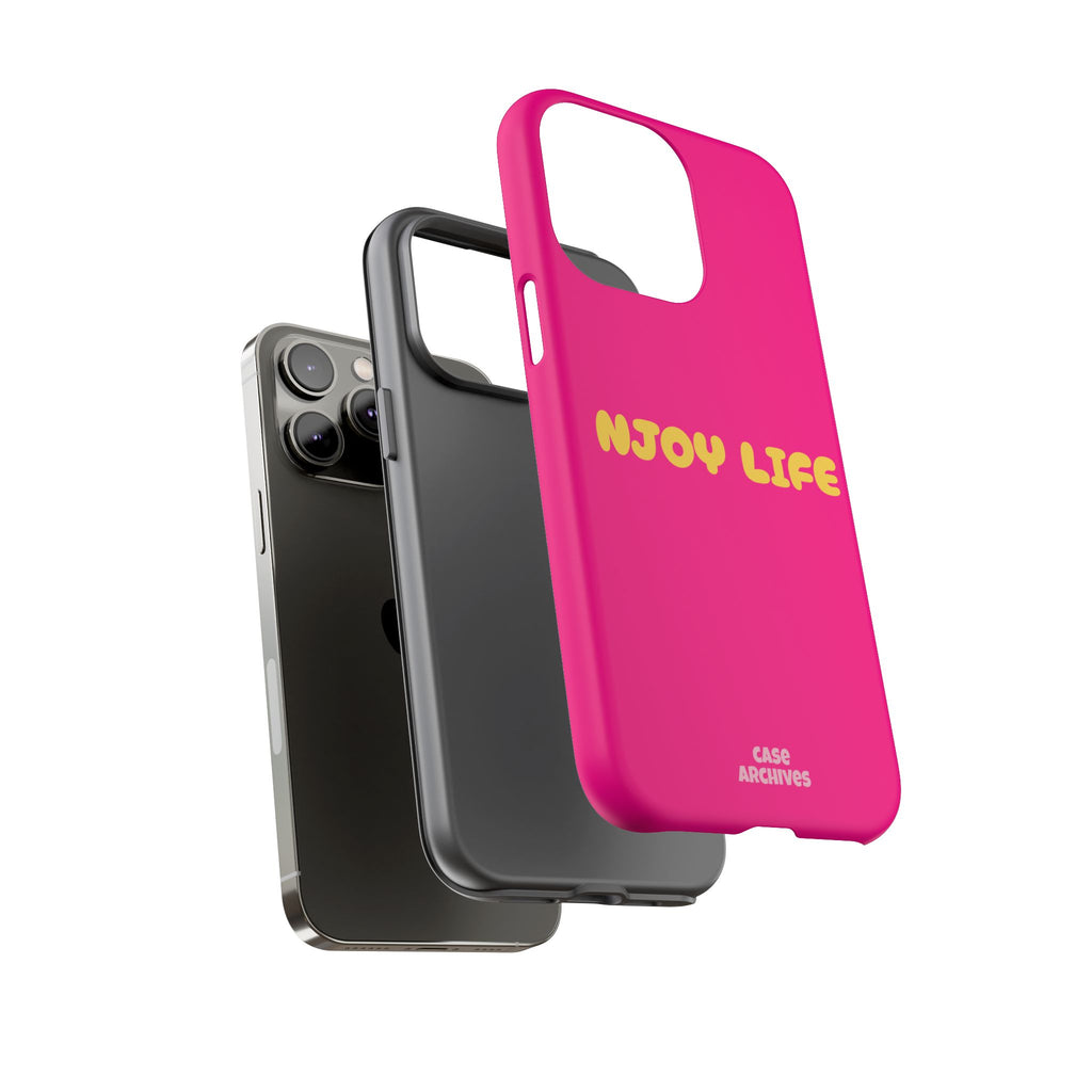 Enjoy Life phone case | tough iPhone case, bright pink, retro yellow text
