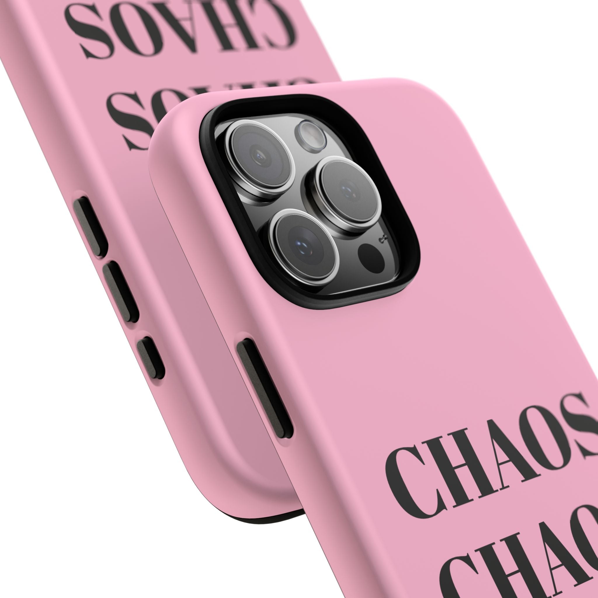 Pink "CHAOS" Phone Case — Bold Text Protective iPhone Cover