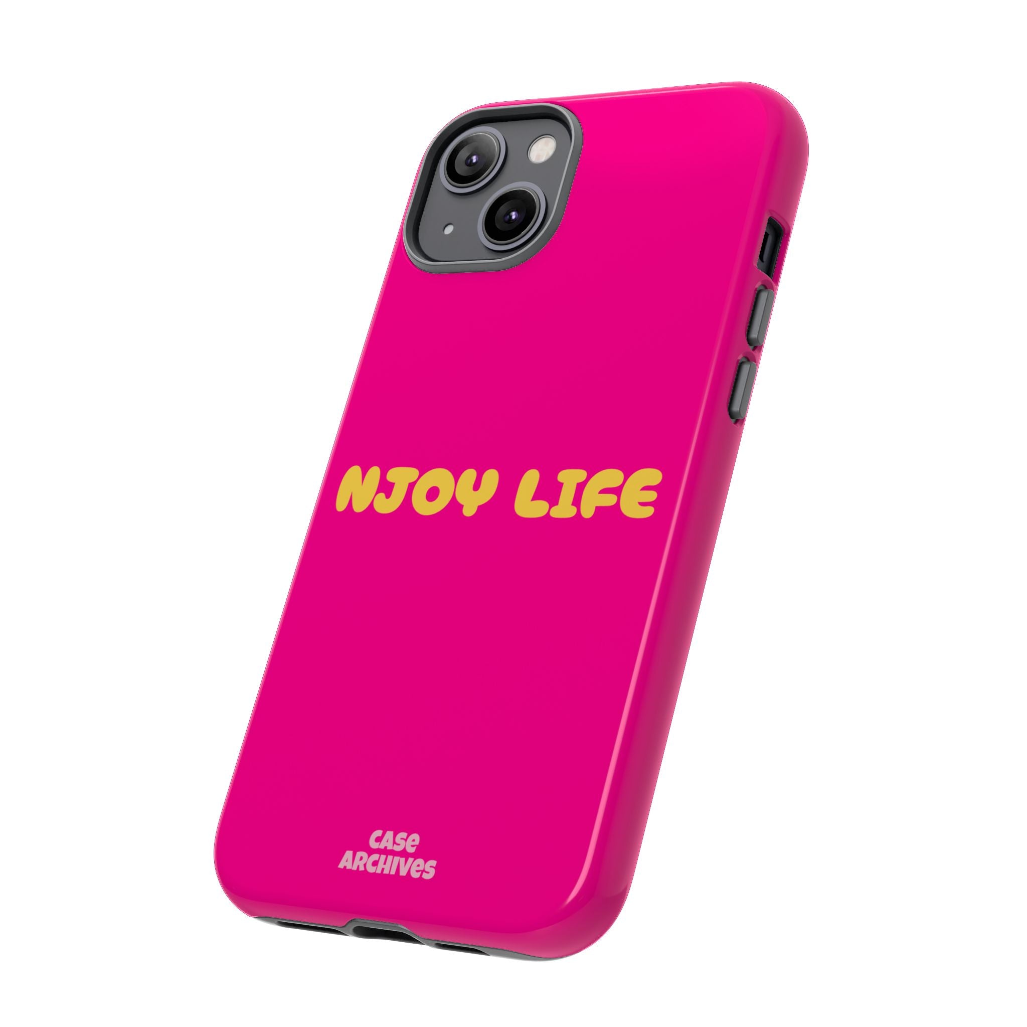 Enjoy Life phone case | tough iPhone case, bright pink, retro yellow text