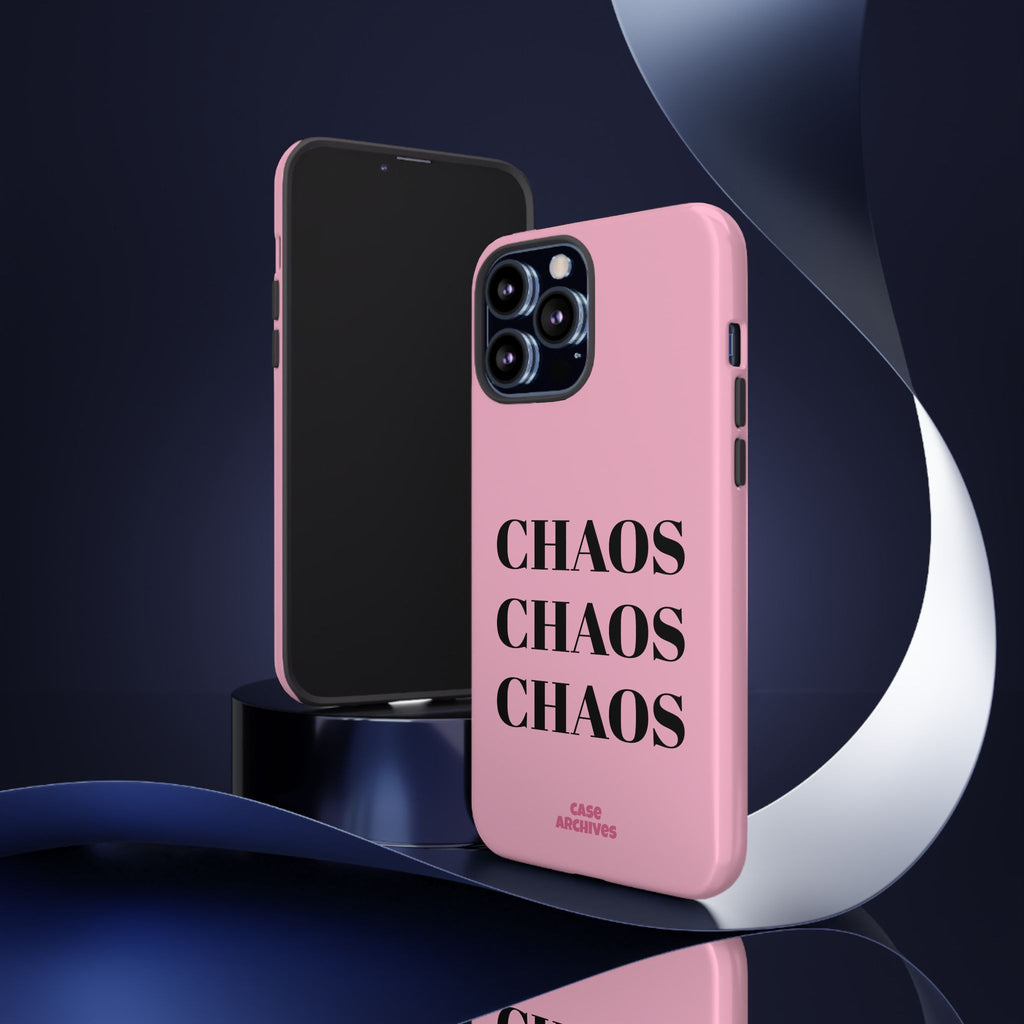 Pink "CHAOS" Phone Case — Bold Text Protective iPhone Cover
