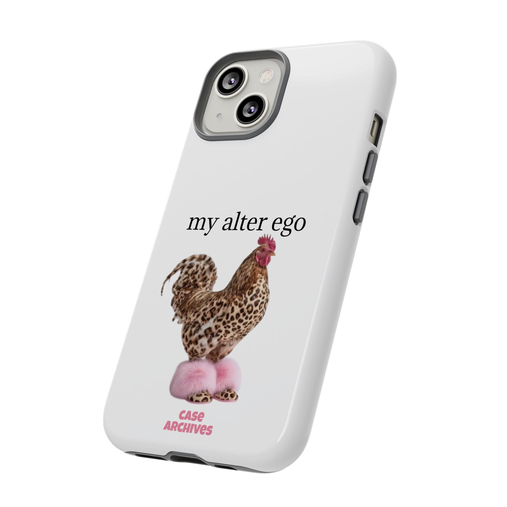 Chicken with style  'My Alter Ego' Tough Phone Case — Funny Leopard Print Rooster on Pink Slippers