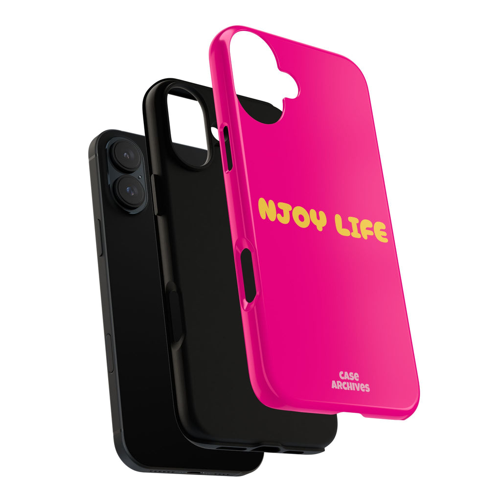 Enjoy Life phone case | tough iPhone case, bright pink, retro yellow text
