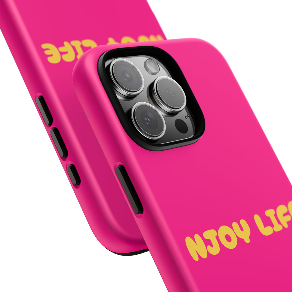 Enjoy Life phone case | tough iPhone case, bright pink, retro yellow text