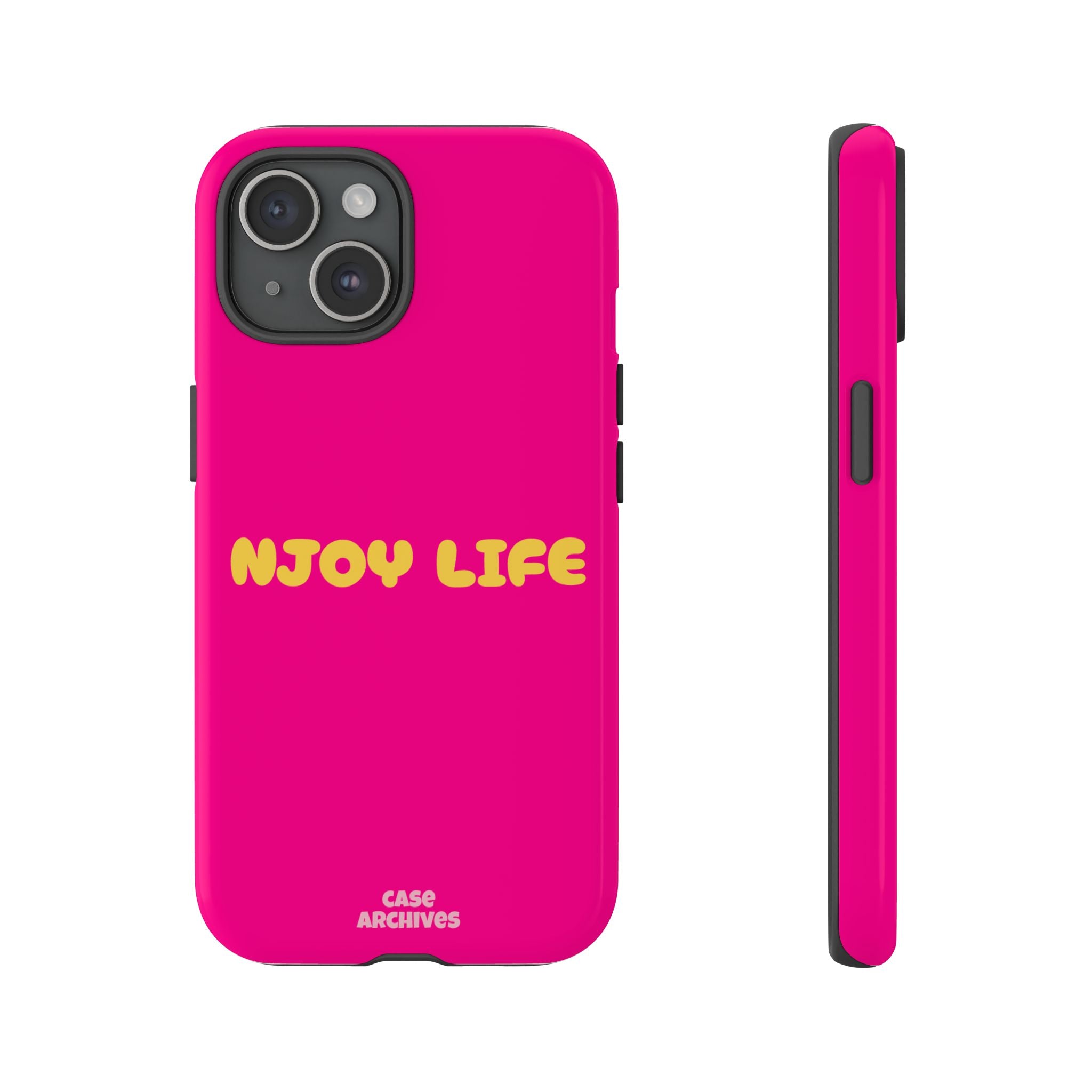 Enjoy Life phone case | tough iPhone case, bright pink, retro yellow text
