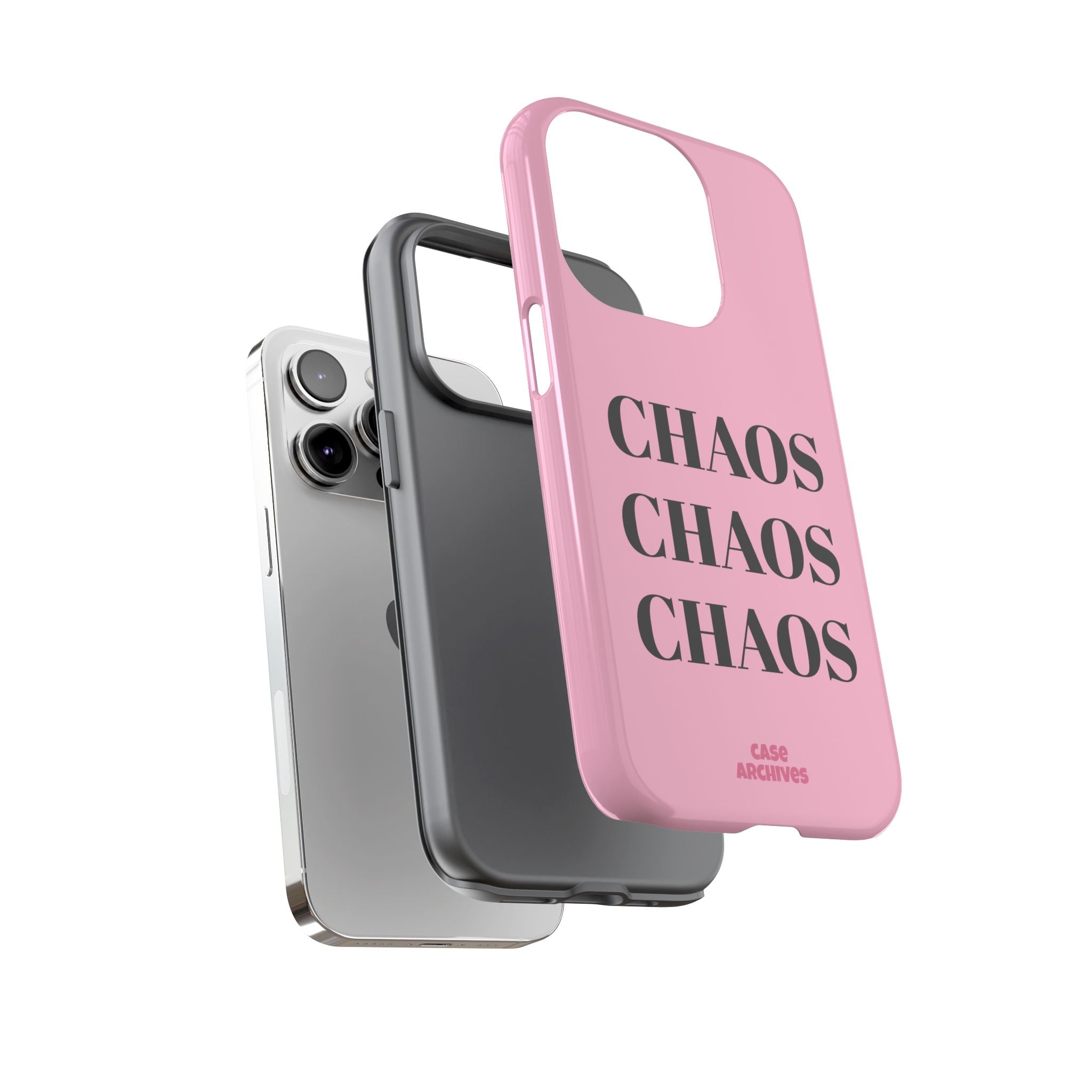 Pink "CHAOS" Phone Case — Bold Text Protective iPhone Cover