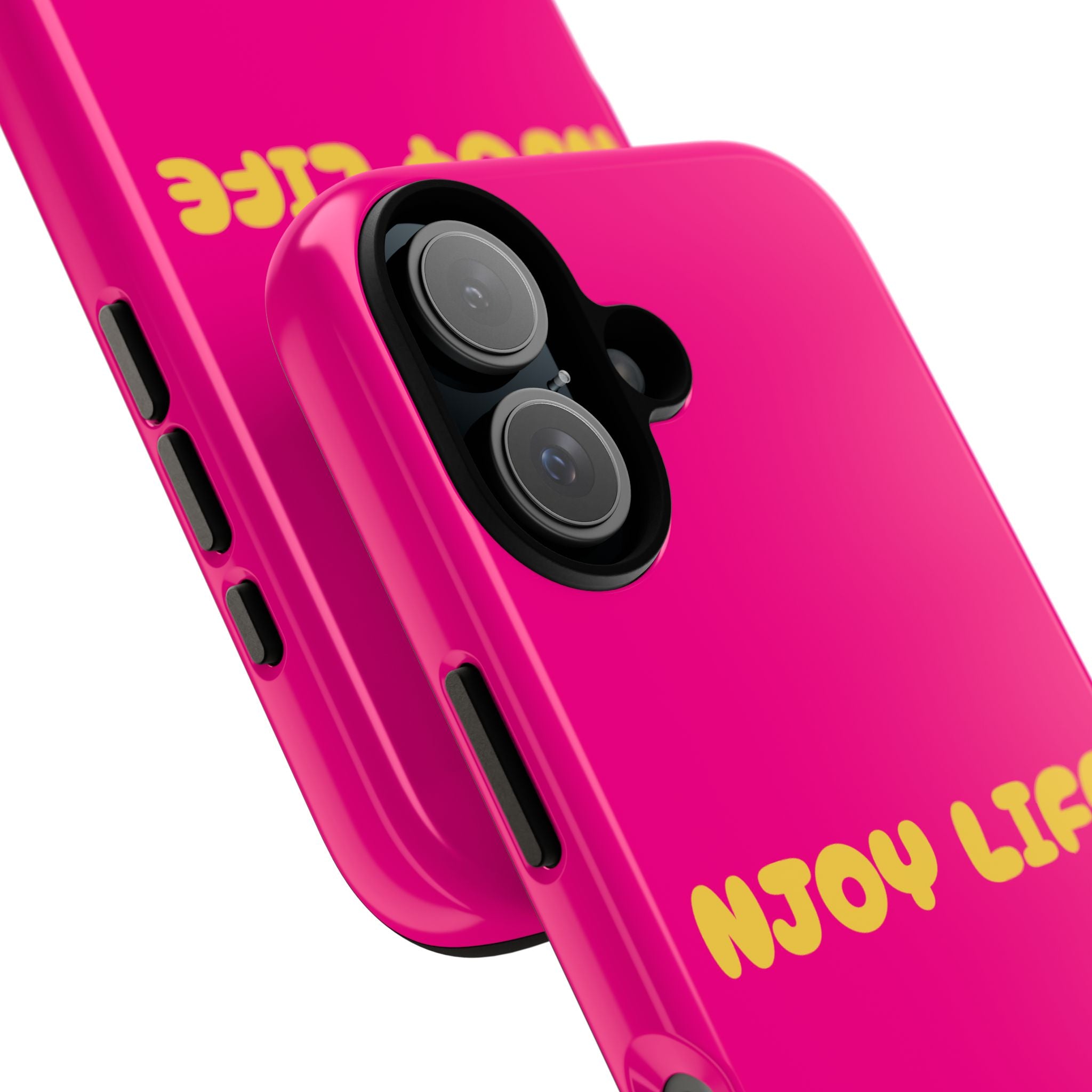 Enjoy Life phone case | tough iPhone case, bright pink, retro yellow text