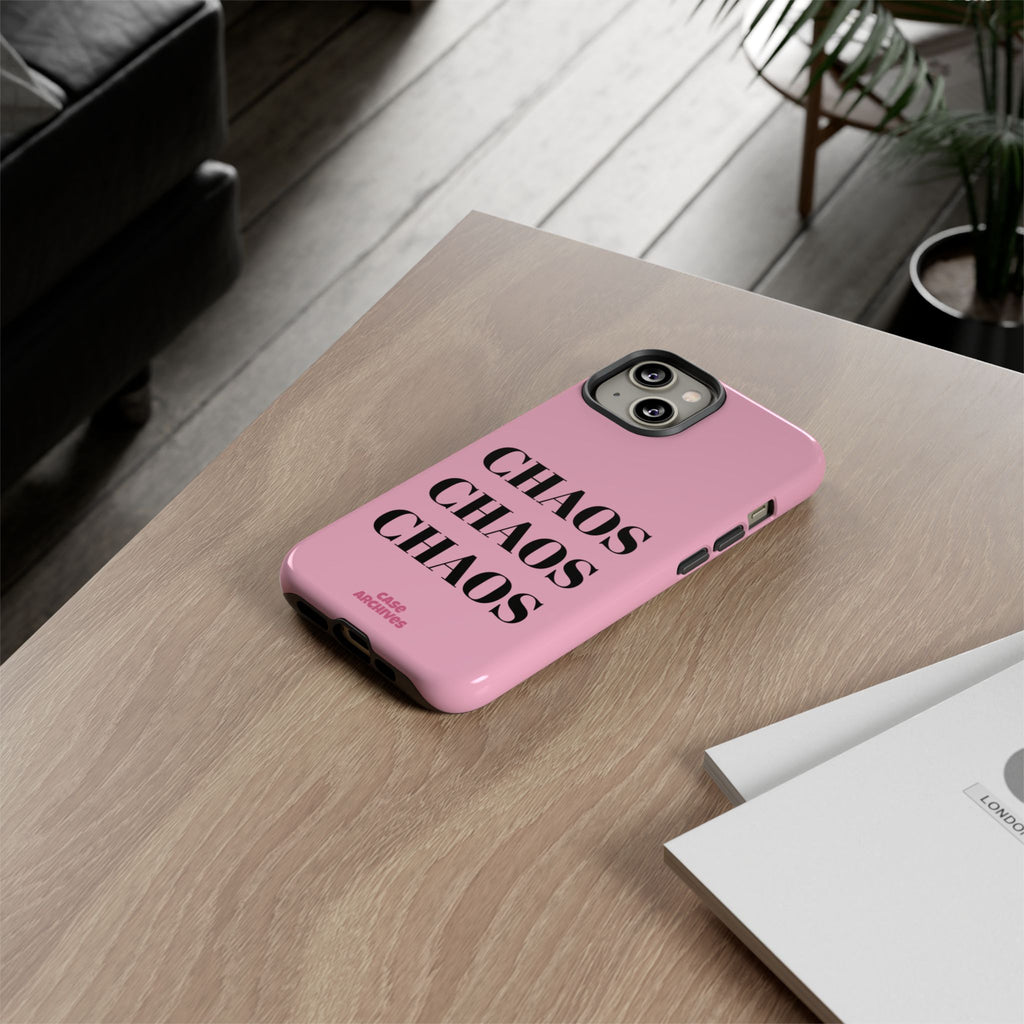 Pink "CHAOS" Phone Case — Bold Text Protective iPhone Cover