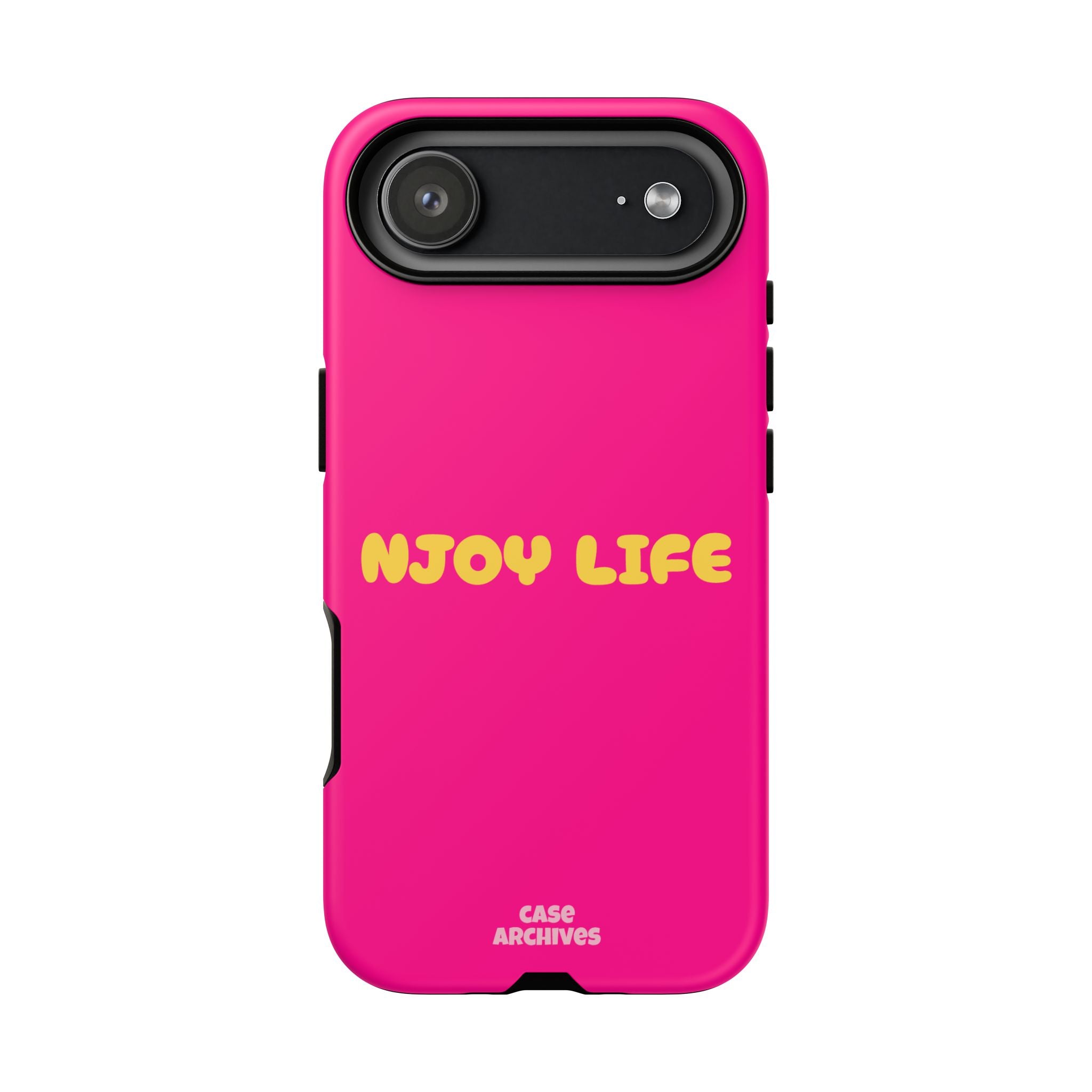 Enjoy Life phone case | tough iPhone case, bright pink, retro yellow text