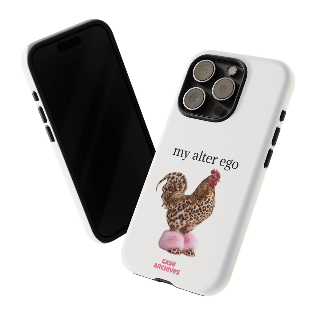Chicken with style  'My Alter Ego' Tough Phone Case — Funny Leopard Print Rooster on Pink Slippers