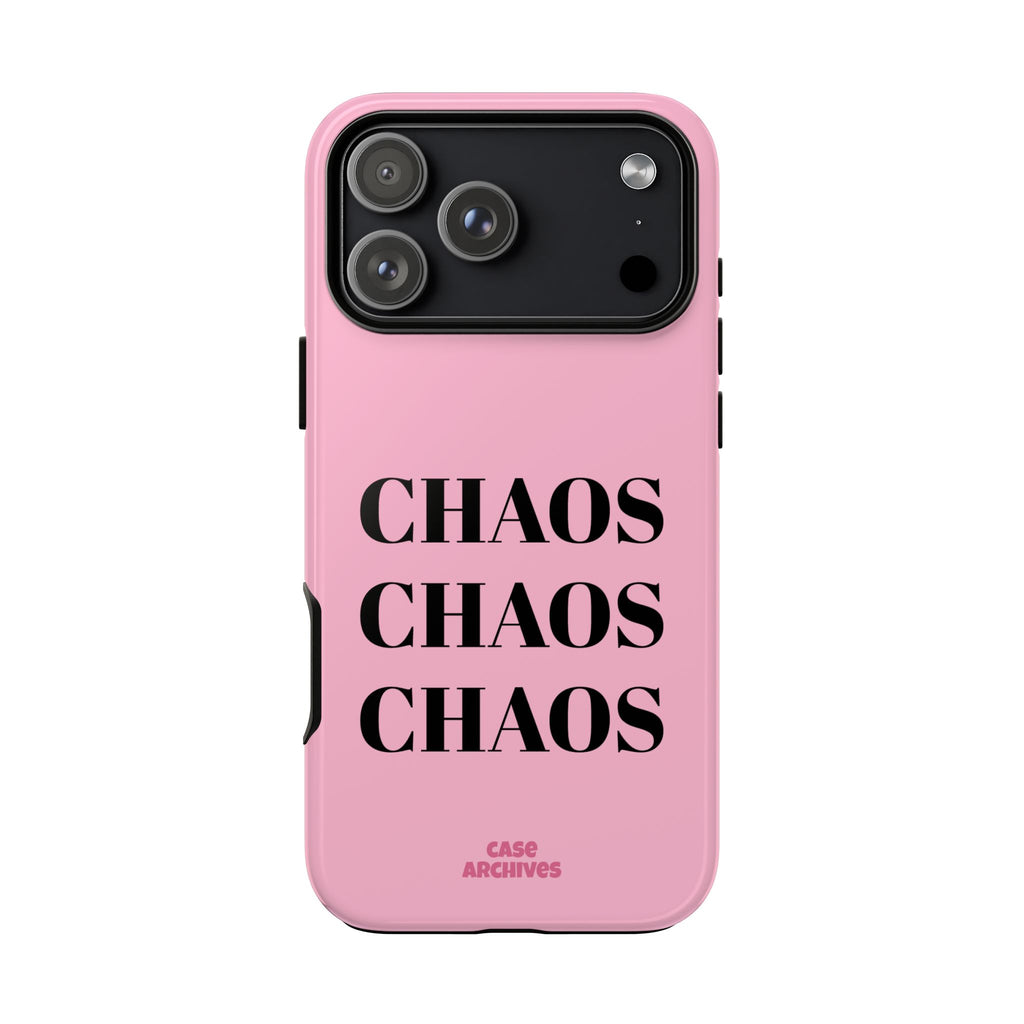 Pink "CHAOS" Phone Case — Bold Text Protective iPhone Cover