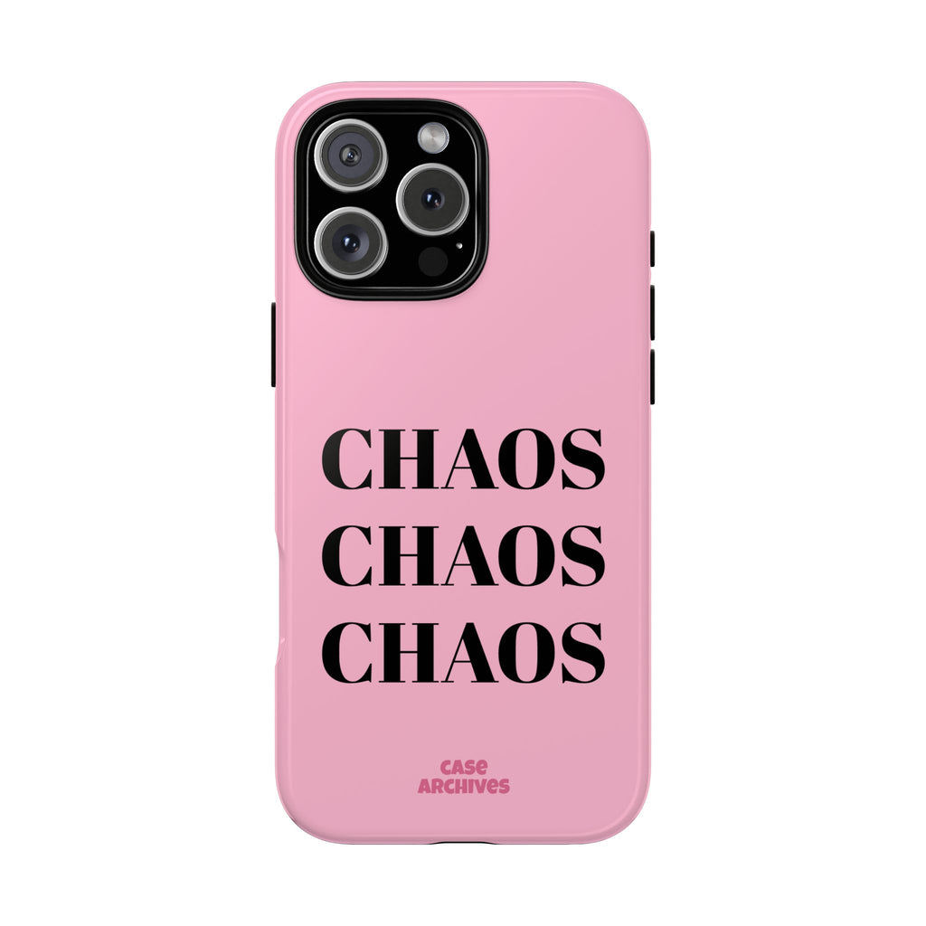 Pink "CHAOS" Phone Case — Bold Text Protective iPhone Cover