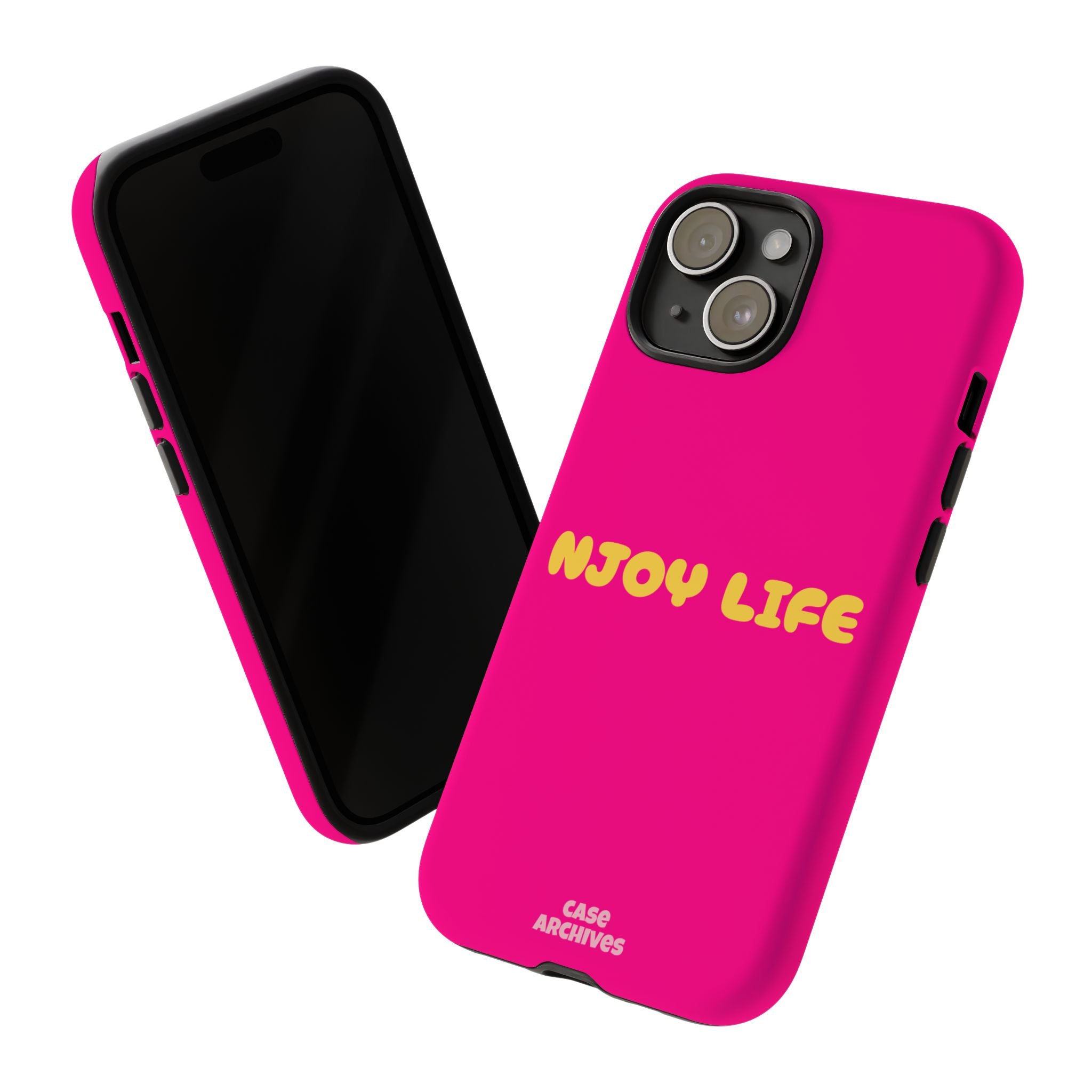 Enjoy Life phone case | tough iPhone case, bright pink, retro yellow text