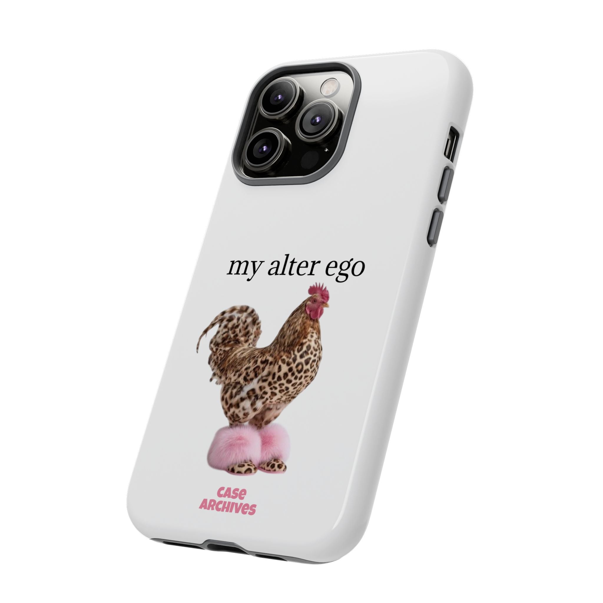 Chicken with style  'My Alter Ego' Tough Phone Case — Funny Leopard Print Rooster on Pink Slippers