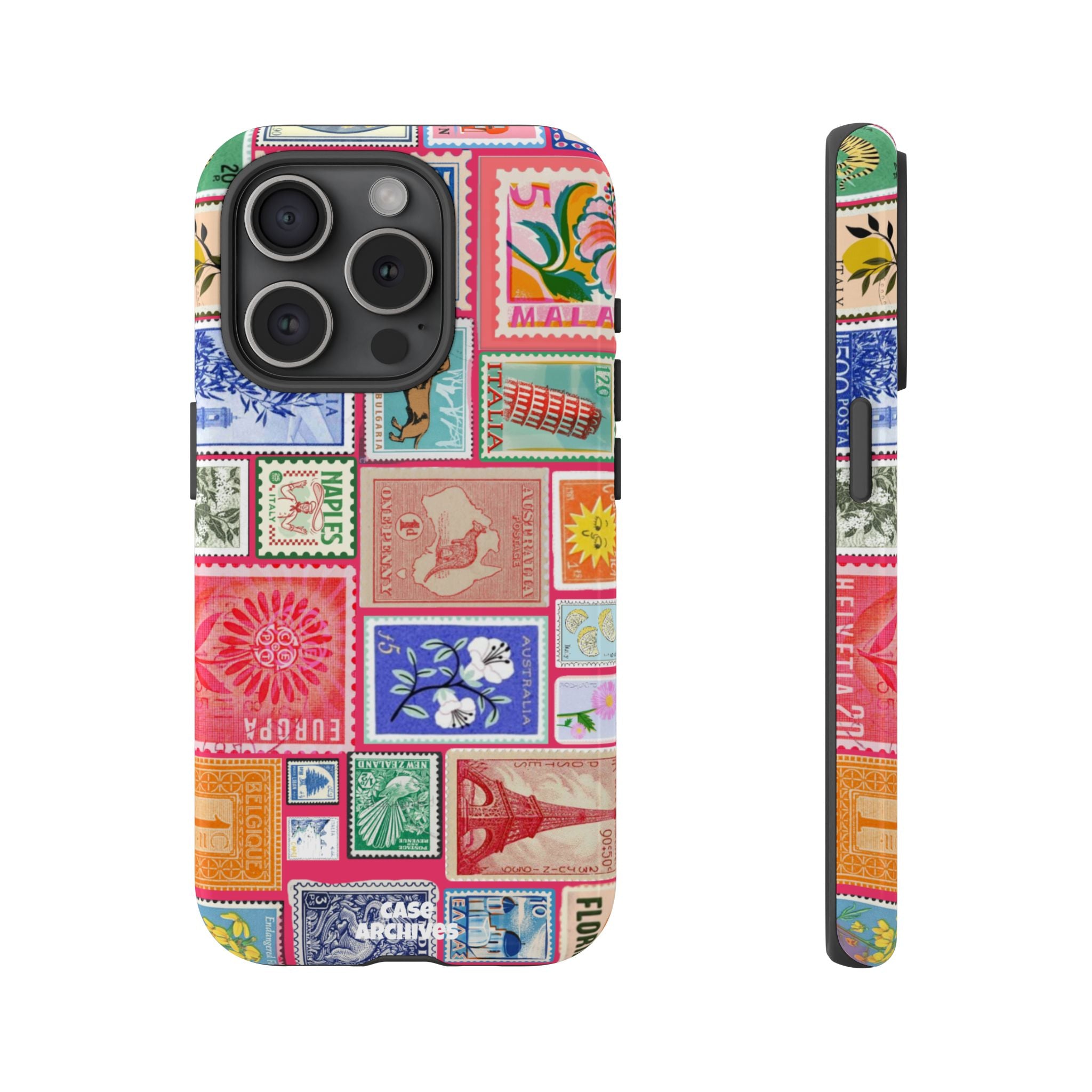 Vintage Stamp Collage Phone Case — Colorful Retro Postage Design