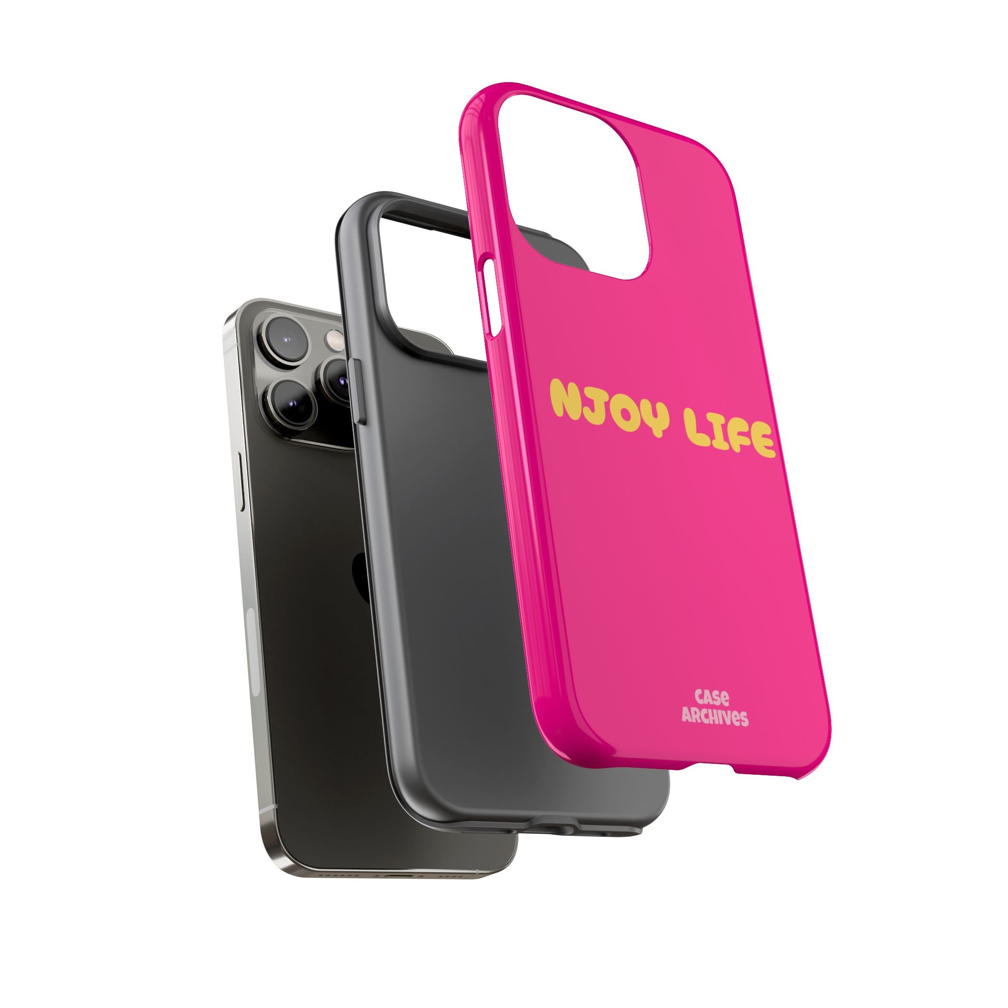 Enjoy Life phone case | tough iPhone case, bright pink, retro yellow text