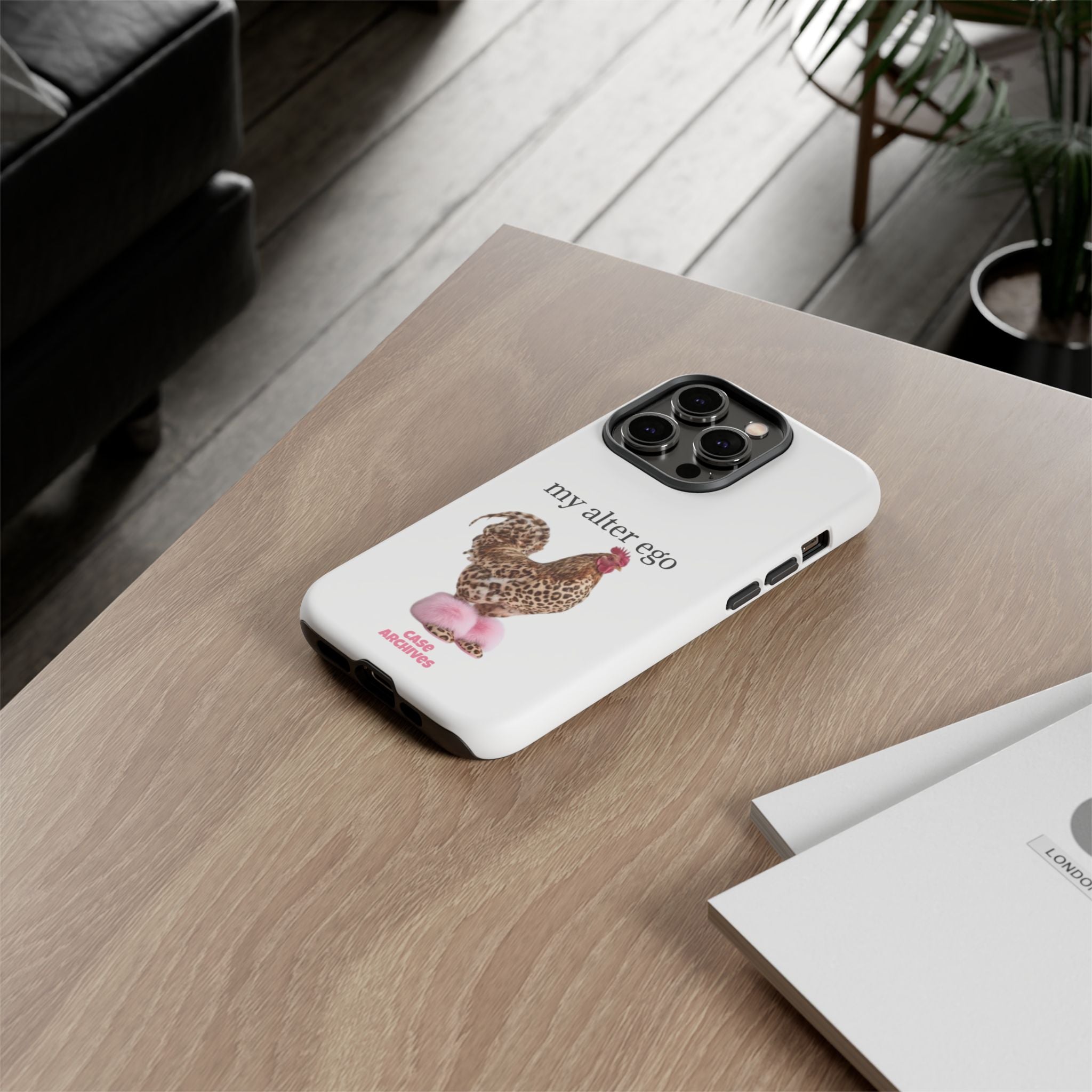 Chicken with style  'My Alter Ego' Tough Phone Case — Funny Leopard Print Rooster on Pink Slippers