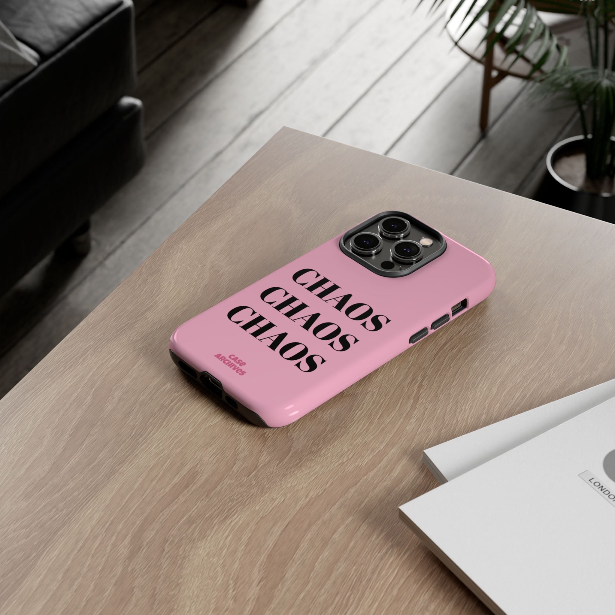 Pink "CHAOS" Phone Case — Bold Text Protective iPhone Cover