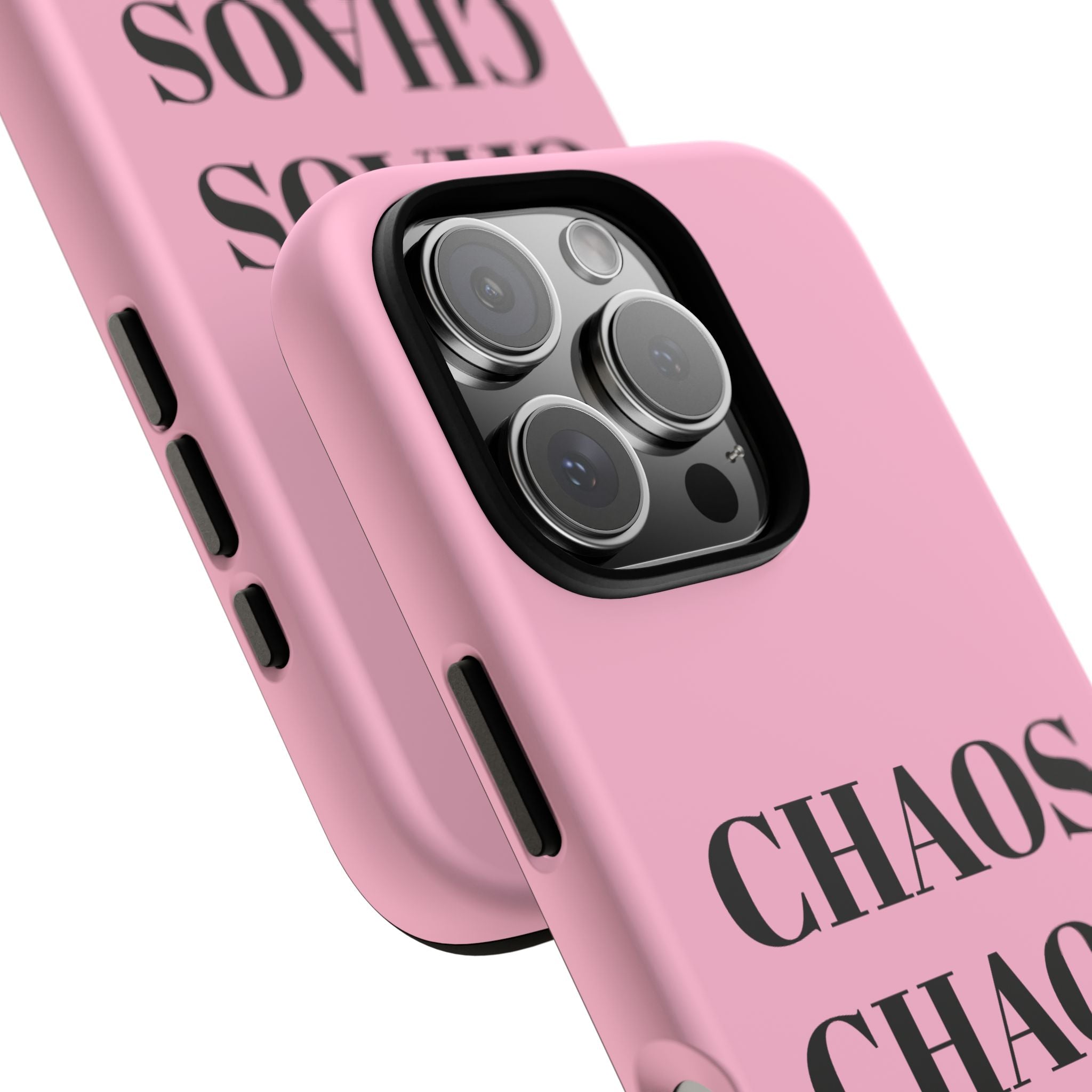 Pink "CHAOS" Phone Case — Bold Text Protective iPhone Cover