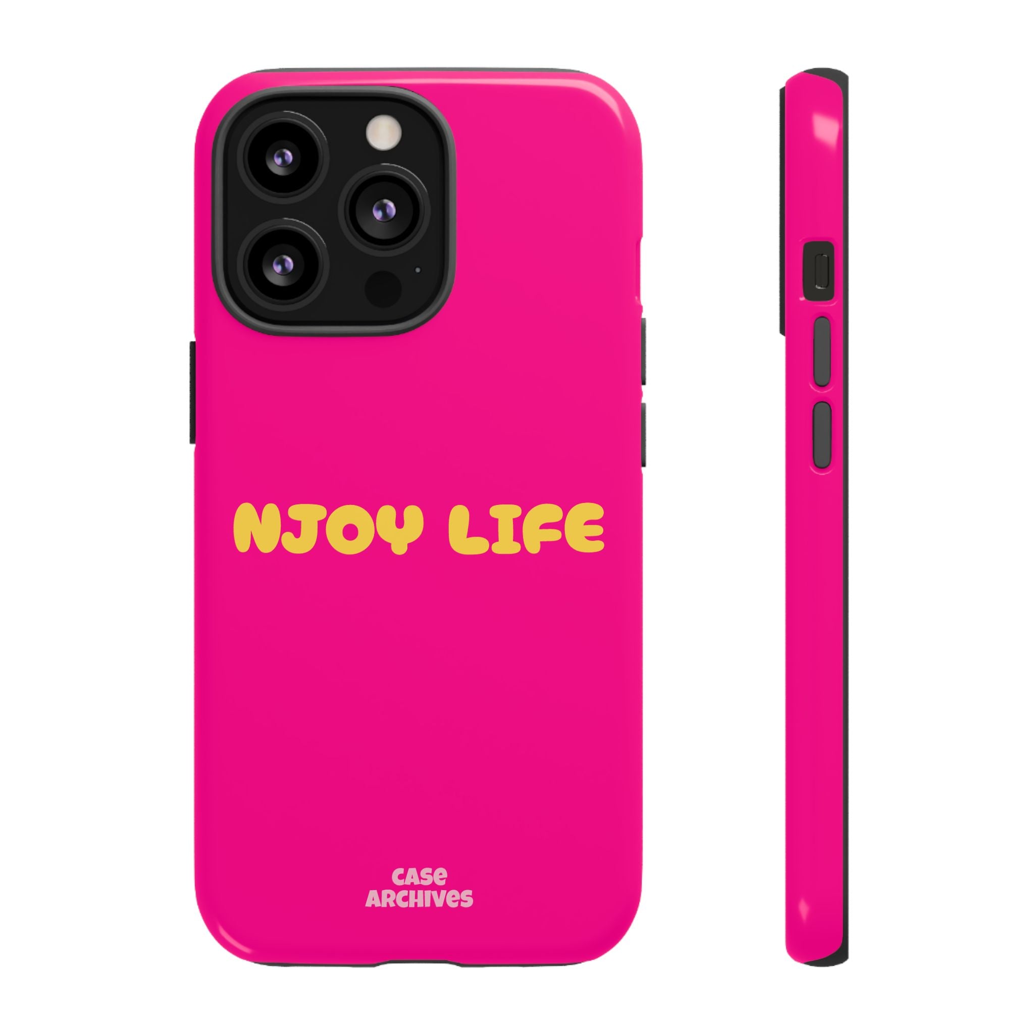Enjoy Life phone case | tough iPhone case, bright pink, retro yellow text