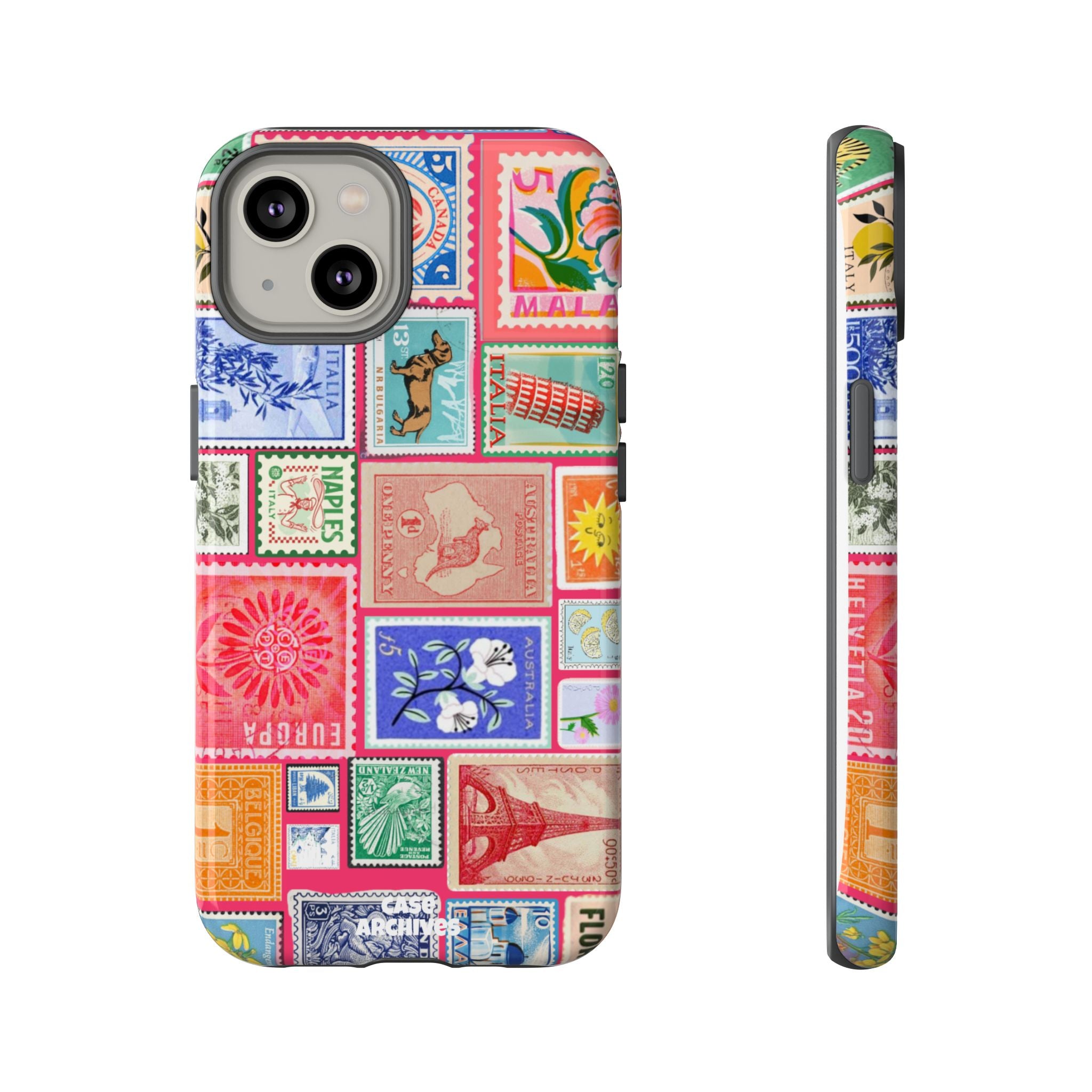 Vintage Stamp Collage Phone Case — Colorful Retro Postage Design
