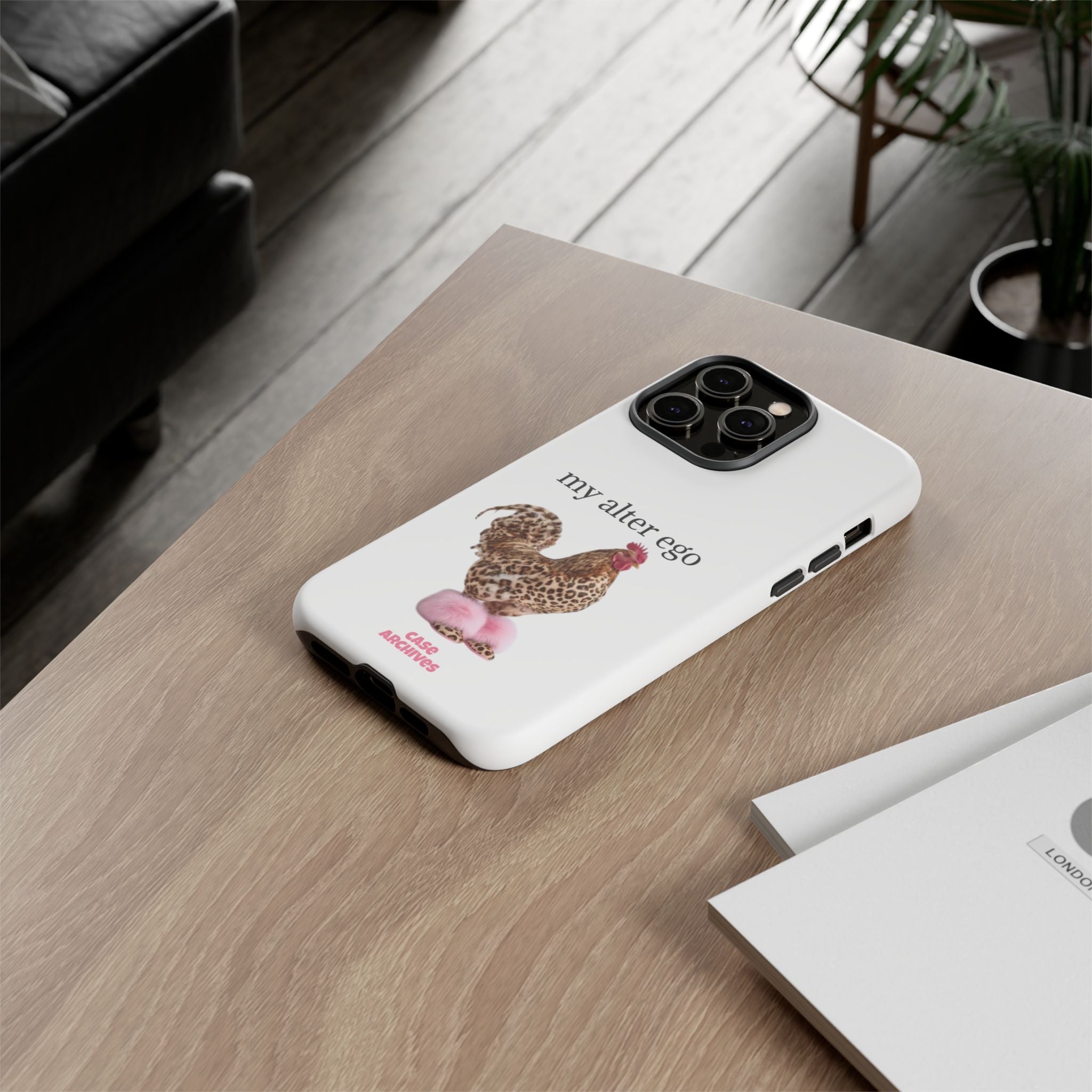 Chicken with style  'My Alter Ego' Tough Phone Case — Funny Leopard Print Rooster on Pink Slippers
